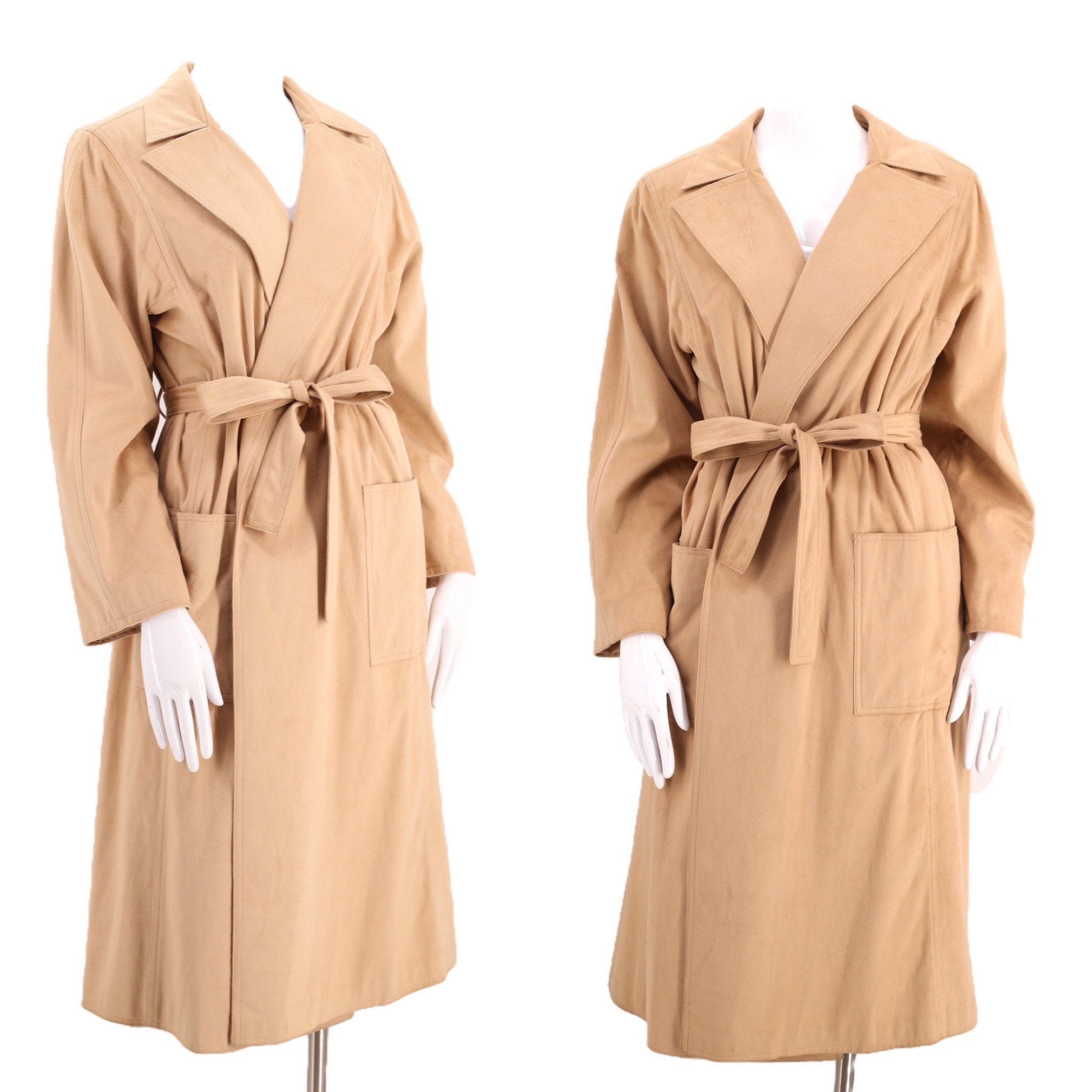 70S Ultra Suede Trench Coat Dress M/Vintage 1970S Khaki Camel Faux Tie & Matching Skirt Halston Era