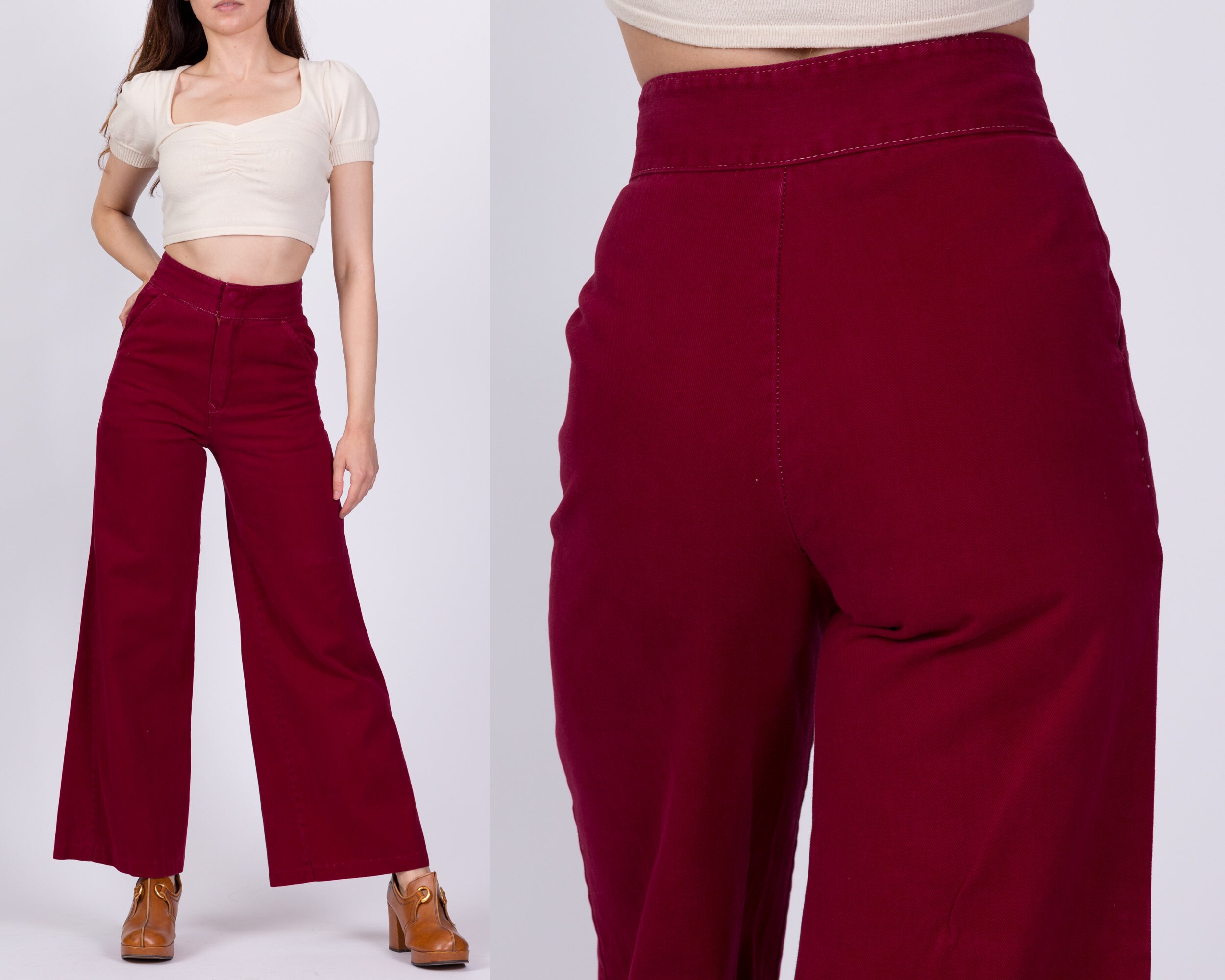 70S Wine Red High Waist Flared Cotton Twill Pants Extra Small, 23" | Vintage Wide Leg Retro Flares Hippie Trousers