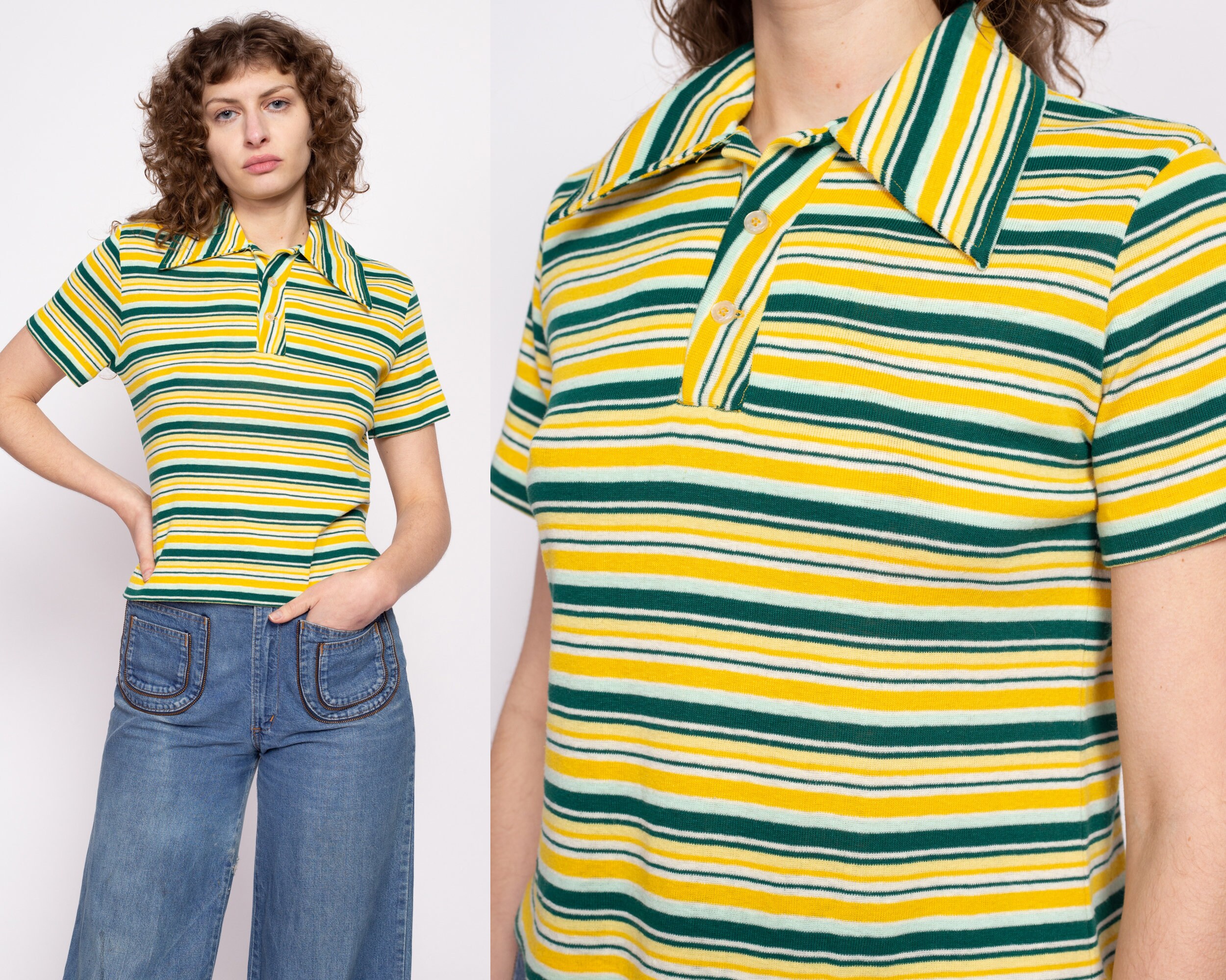 70S Yellow & Green Striped Cropped Polo Shirt Large | Vintage Retro Short Sleeve Collared Crop Top