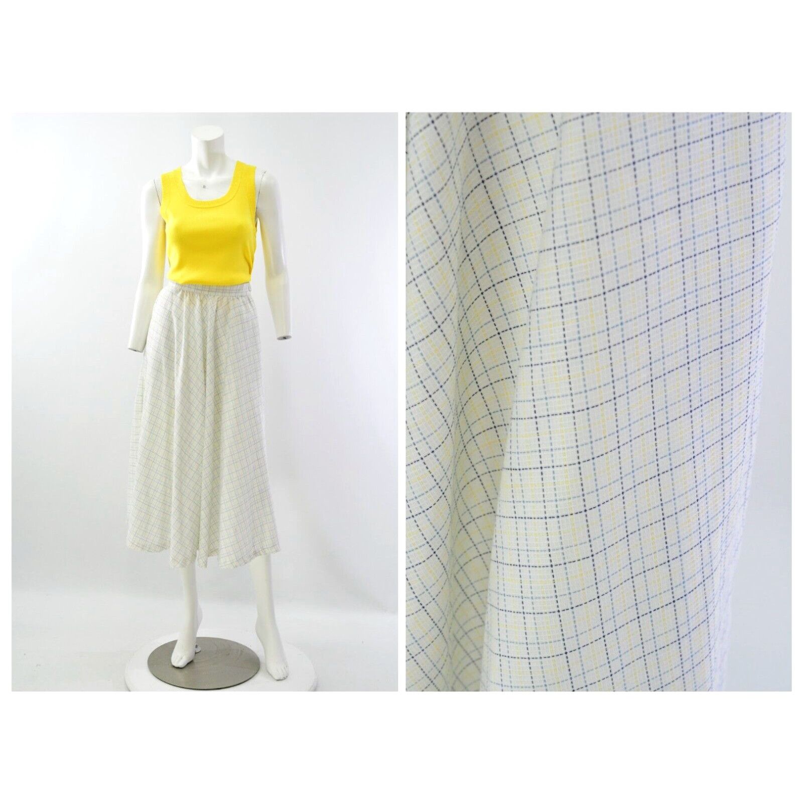 70's Vintage White Plaid Circle Skirt Set Outfit Sm Yellow Blue Outfits For Women (Size 27)