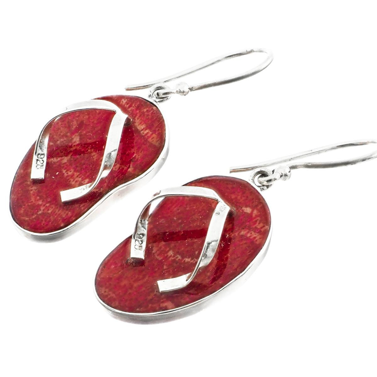 7/8" Flip Flops Beach Sandals Genuine Red Coral 925 Sterling Silver Earrings