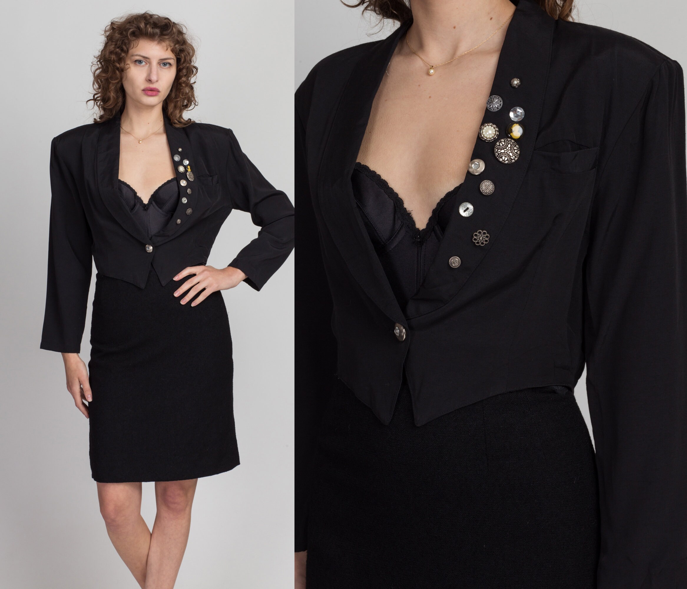 80S 90S Black Decorative Button Cropped Blazer Small | Vintage Long Sleeve Crop Top Jacket