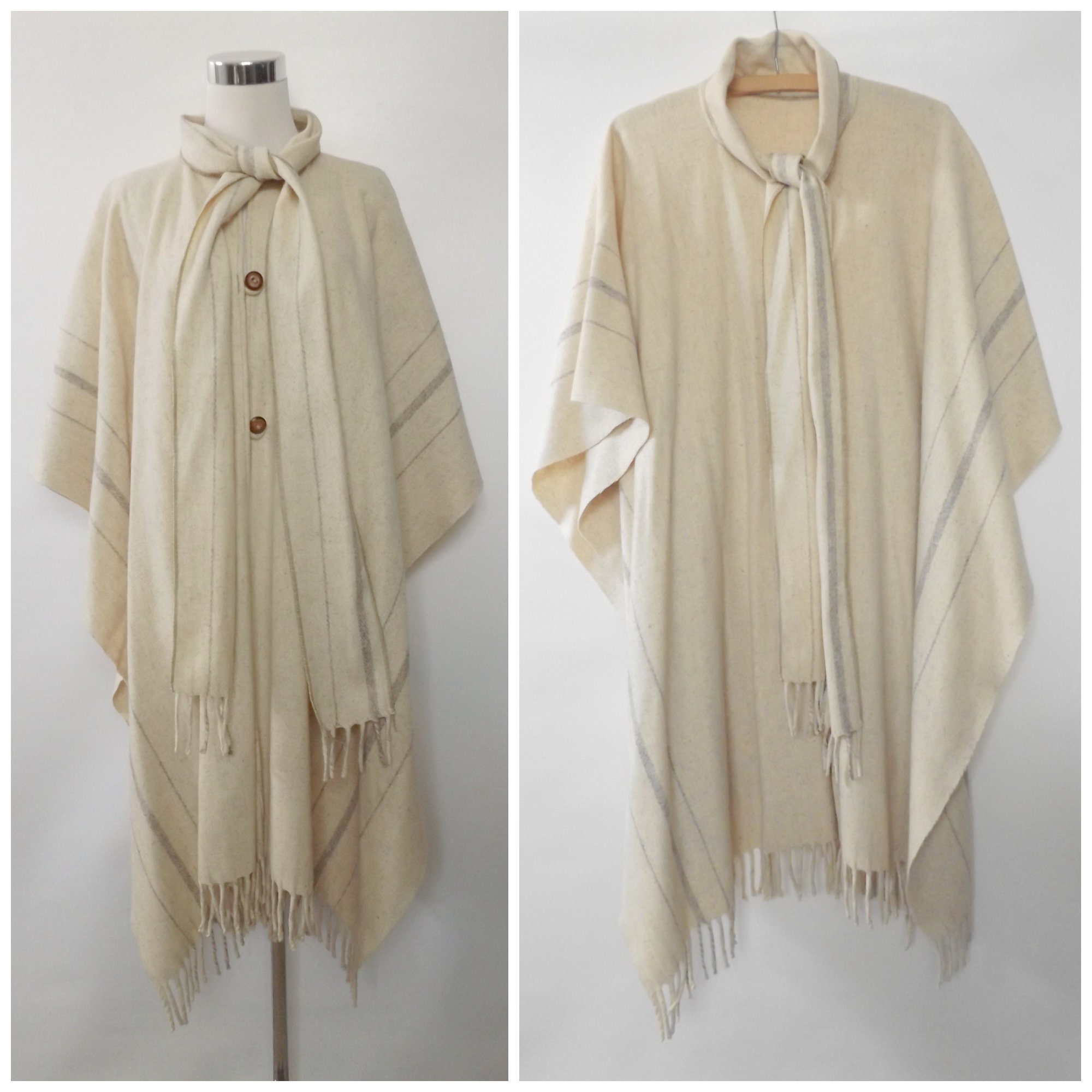 80S Beige Stripe Cape Jacket One Size Os - Vintage Off White Gray Striped Button Down Duster Coat Unisex Ethnic Fringed Outwear 1980S Boho