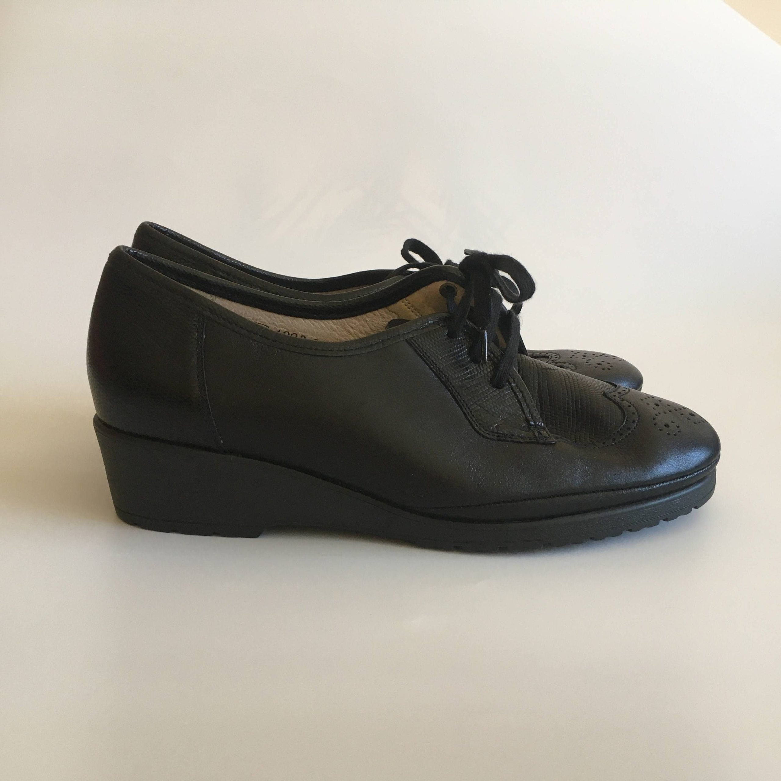 80S Black Leather Oxford Shoes For Women, Lace Up Platform Shoes, Comfortable Low Wedge Brogues, Granny Moccasins, Orthopaedic Loafers