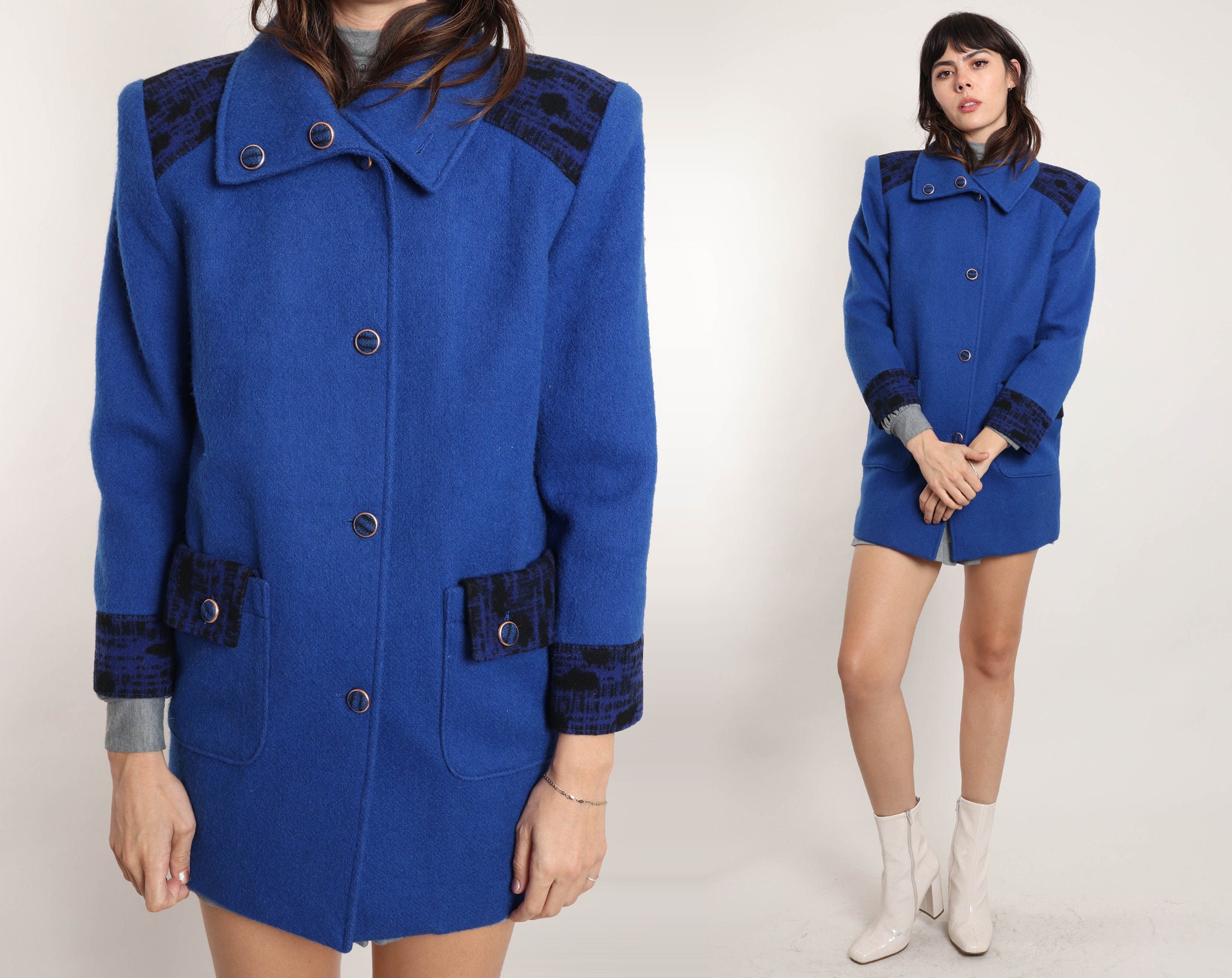 80S Blue Wool Coat S M/De Carty Blue Wool Jacket Convertible Collar Pea Accent Pocket Small Medium 1980S 90S 1990S