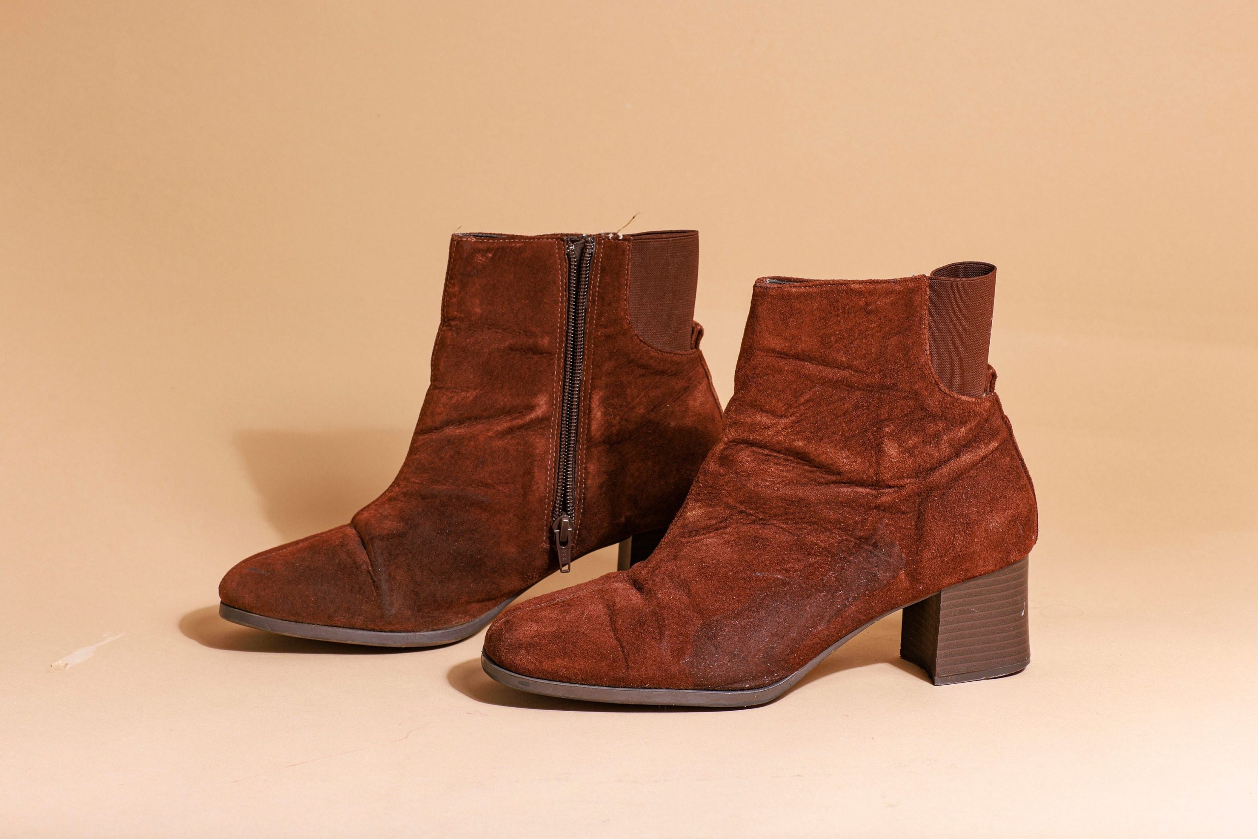 80S Brown Velvet Short Ankle Boots Vintage Square Toe Heel