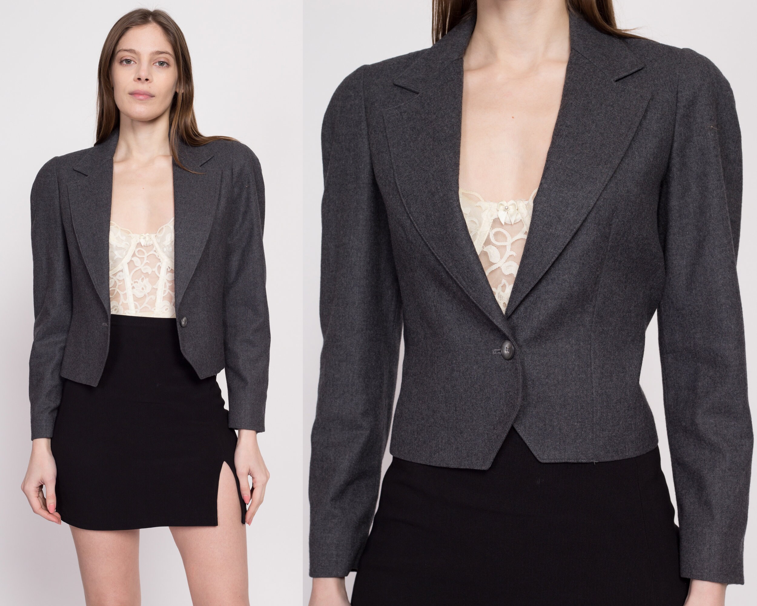 80S Christian Dior Cropped Suit Jacket Extra Small | Vintage Grey Blazer Single Button Sport Coat