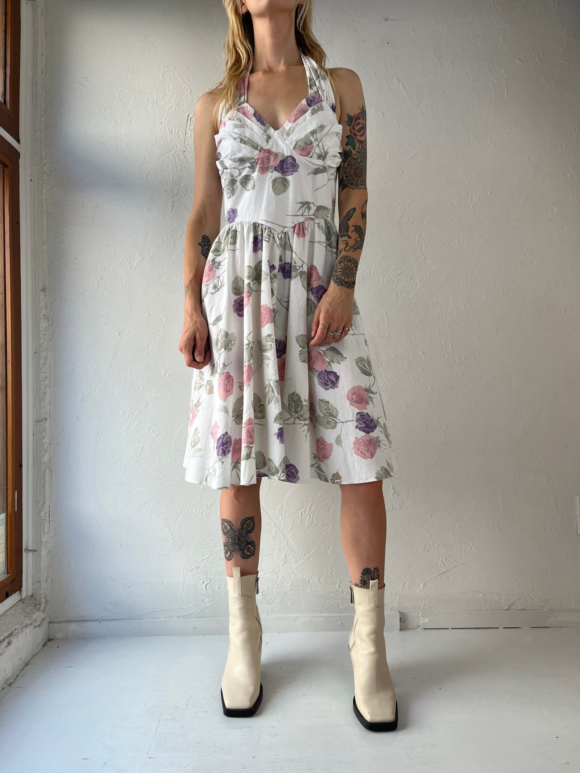 80S Does 50S "Memories' White Floral Halter Neck Circle Skirt Dress/Medium