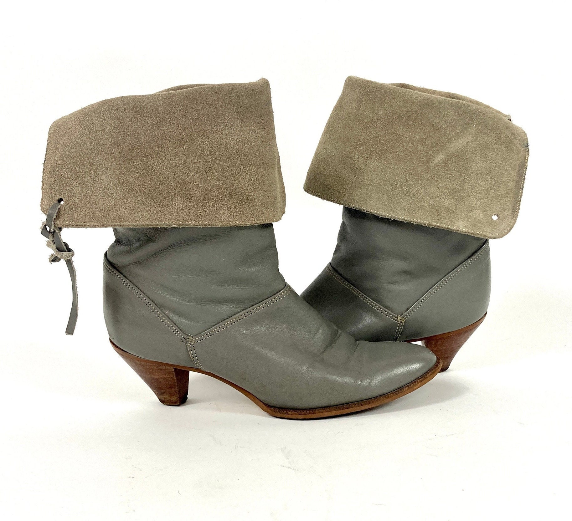 80S Gray Cropped Leather Pirate Cuff Folded Suede Boots High Heel Dingo Vintage Booties 5.5 5