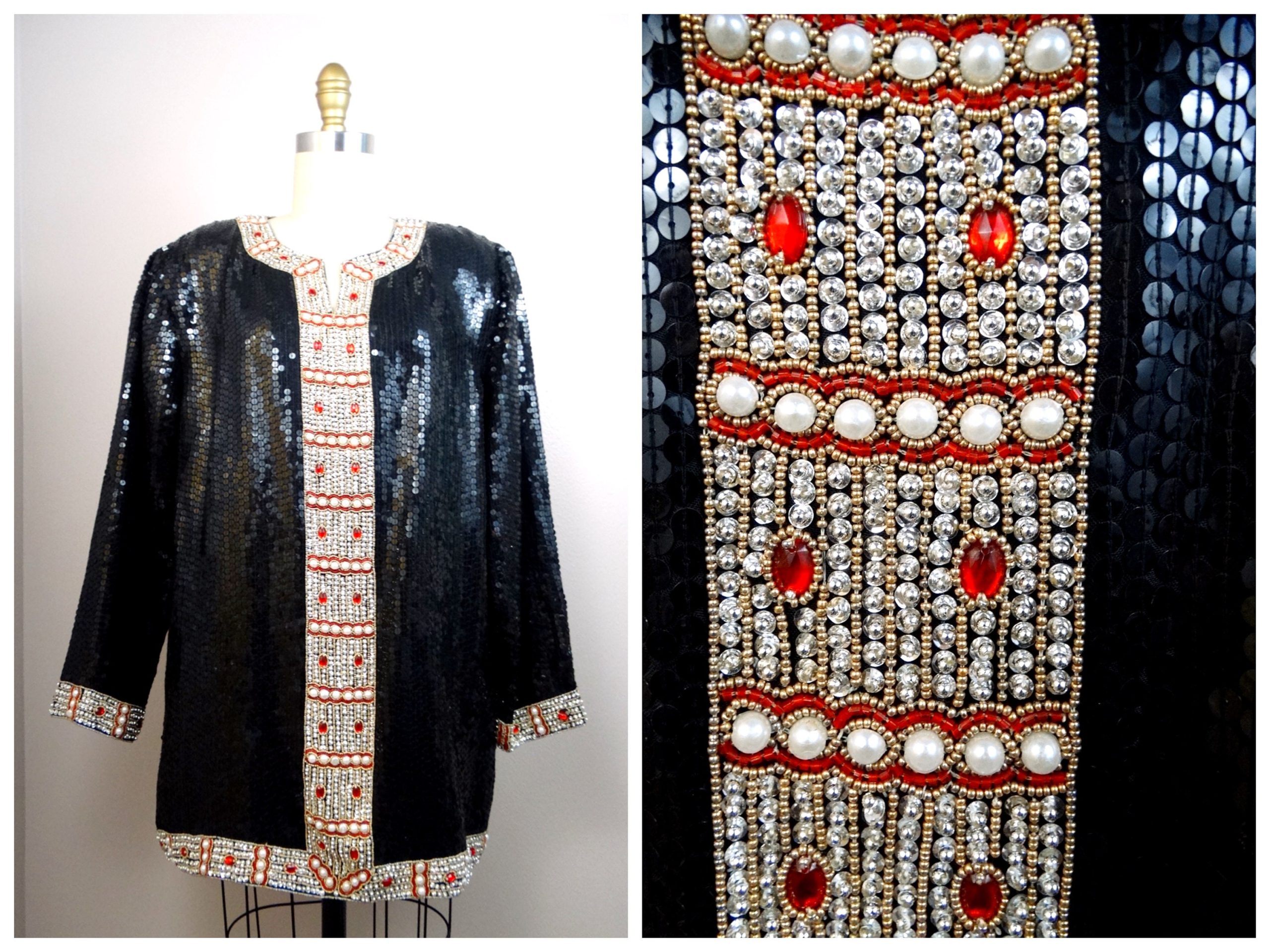 80S Jewel Beaded Sequined Tunic // Black & Silver Sequin Embellished Red Gem Oversized Top