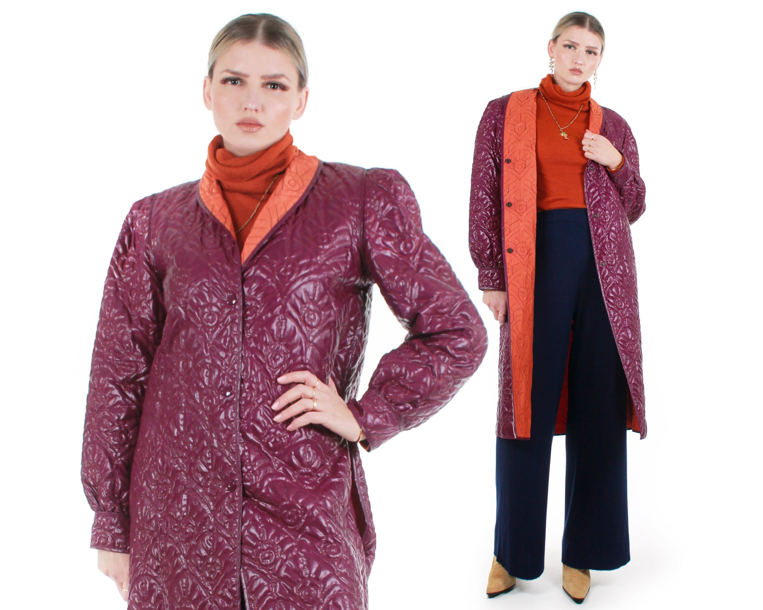 80S Krizia Plum & Orange Textured Puffer Coat Made in Italy Size 40