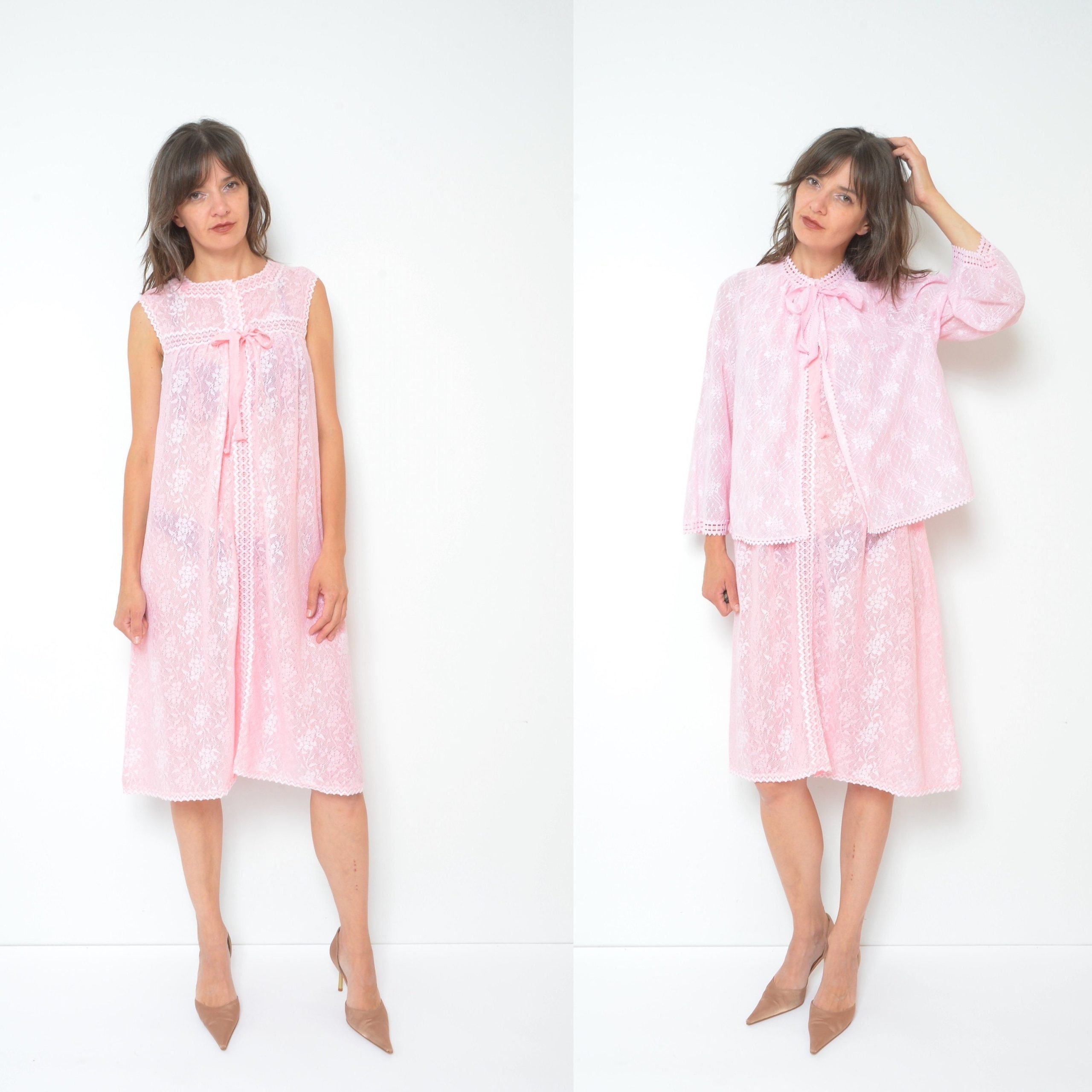 80S Lace Sheer Nightgown/Vintage Two Piece Top & See Through Dress Floral Pattern Mesh Sleep Night Wear Matching Set - Size Medium