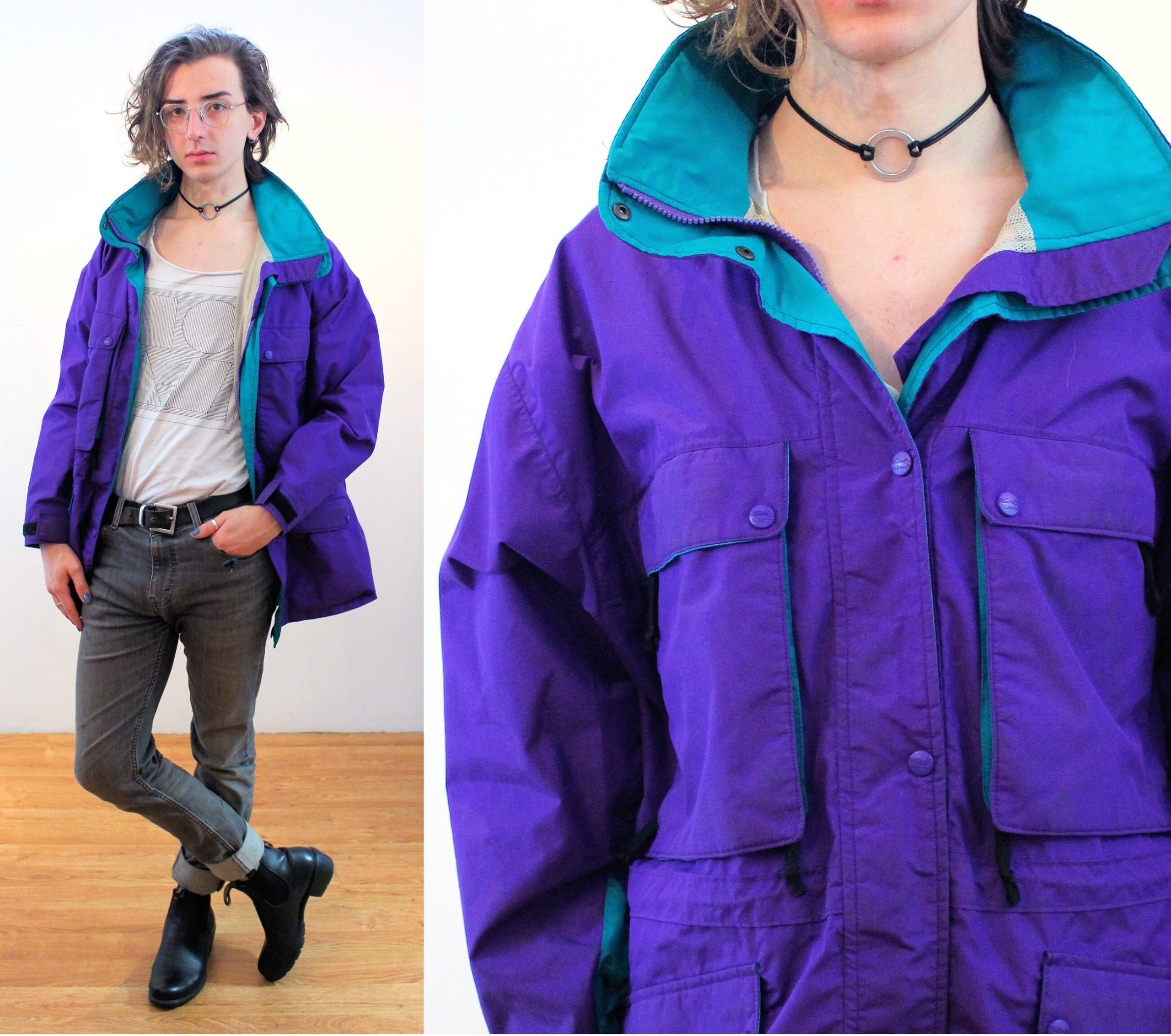 80S Ll Bean Hooded Coat Xl, Vintage Purple Teal Gore-Tex Winter Parka Unisex Colorful Athletic Ski Jacket With 9 Pockets, Extra Large