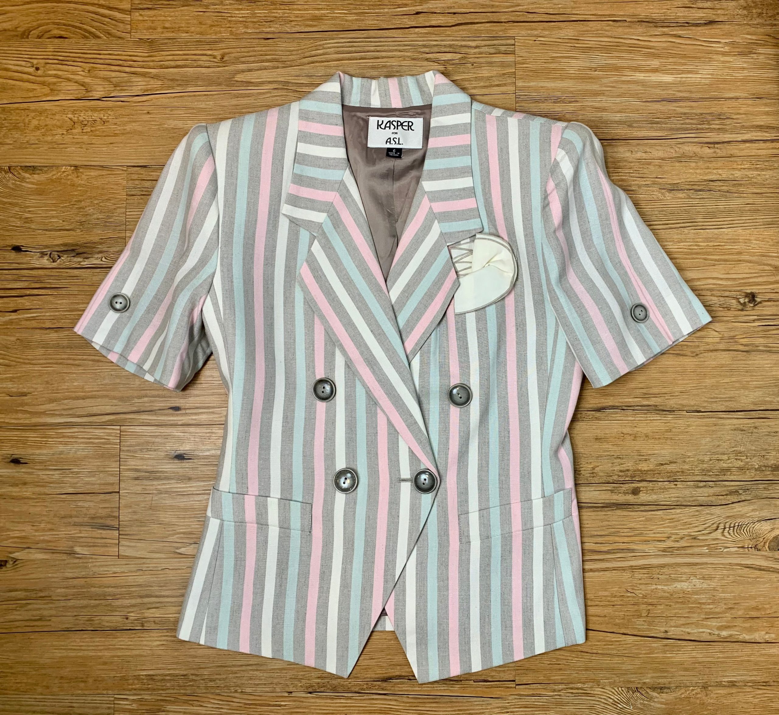 80S Pastel Striped Puffy Sleeve Padded Shoulders Size 6 Fitted Jacket