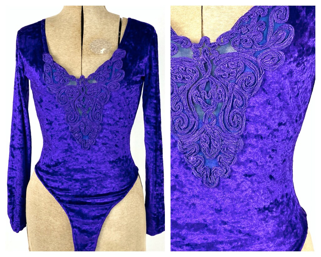 80S Purple Cheeky Velvet Bodysuit Long Sleeve Thong Leotard Jewel Tone Party One Piece Body Suit Xs S