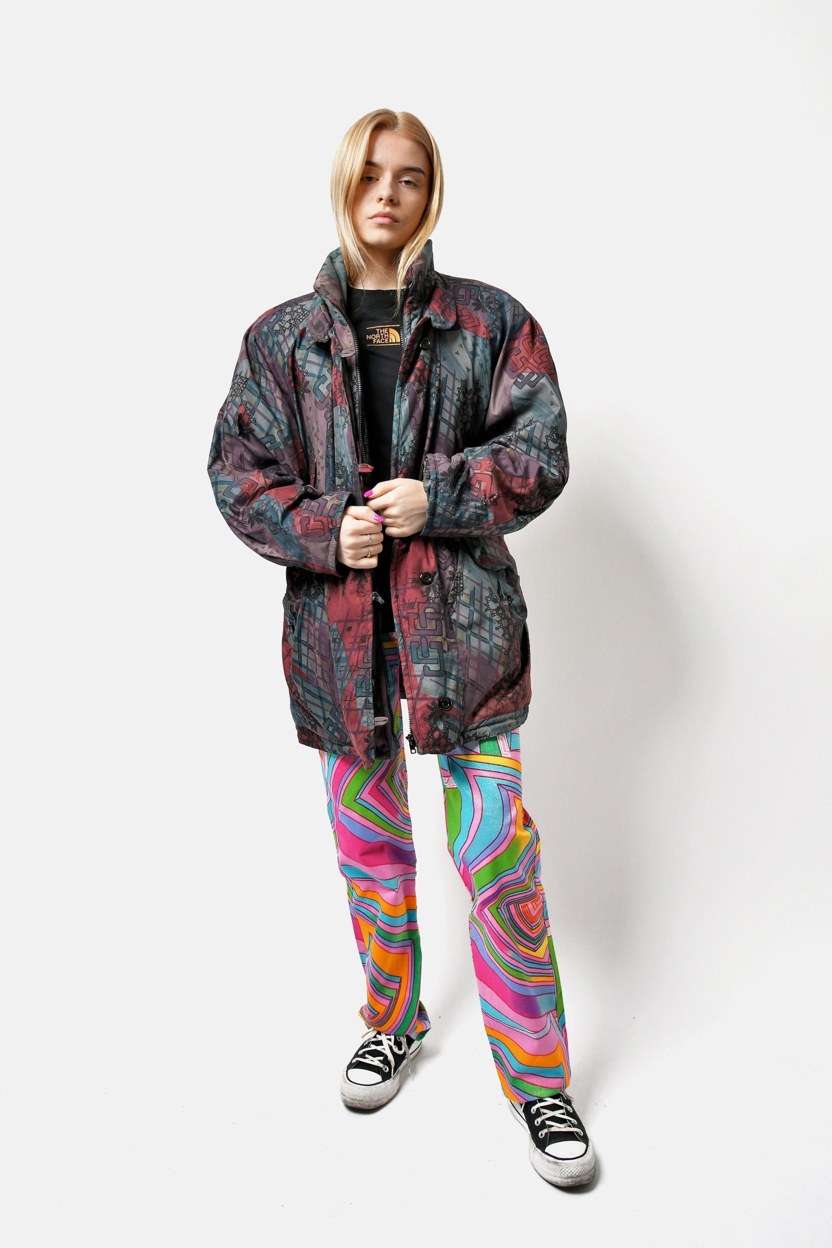 80S Retro Warm Parka Multi Women's Puffer Jacket | Vintage 90S Abstract Colourful Winter Oversized Crazy Hipster Long Rain Coat Xl Size