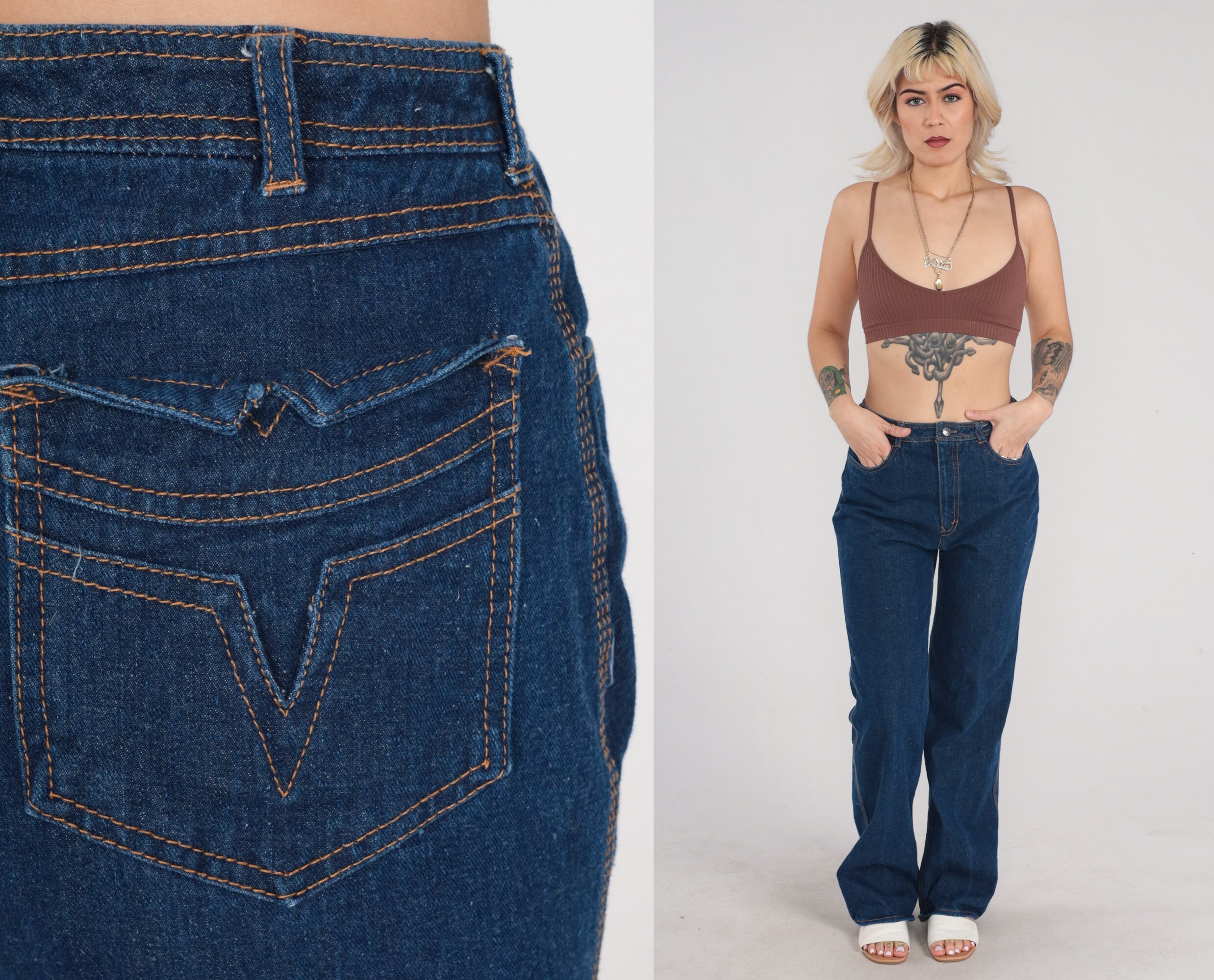 80S Straight Leg Jeans High Waisted Retro Blue Dark Wash Denim Pants Basic Plain Streetwear Mom Vintage 1980S Medium M 29