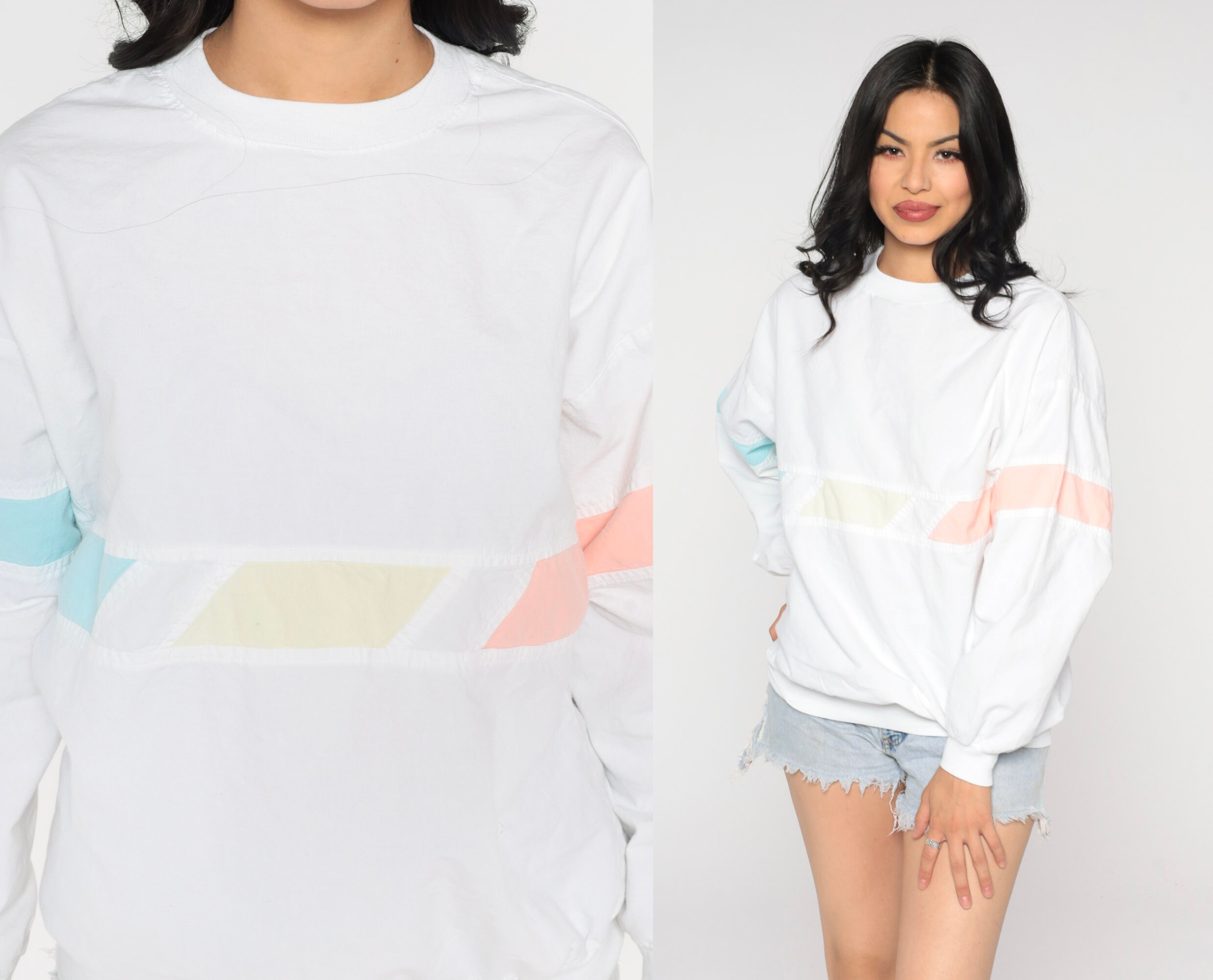 80S Striped Sweatshirt Thin White Cotton Pastel Stripes Retro Plain Color Block Slouchy Pullover Blue Peach Vintage 1980S Medium