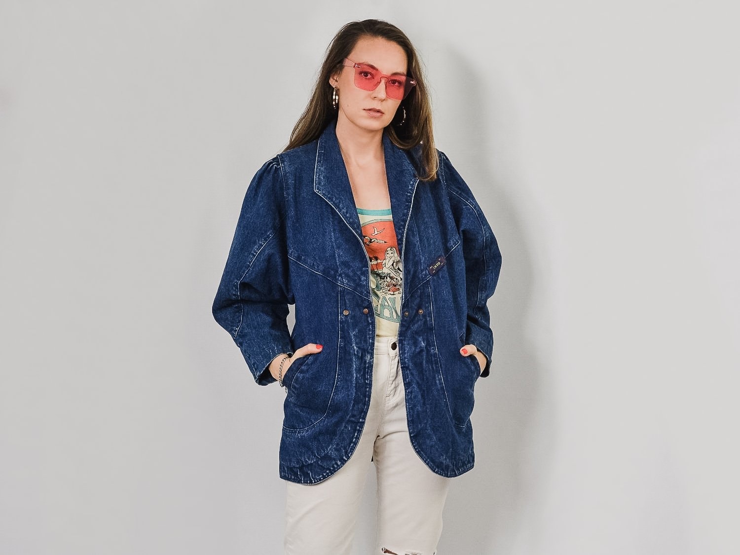 80's Jacket Denim Faux Shearling Lining Oversized Coat Parka Retro Blue Hipster Jean Women L Large