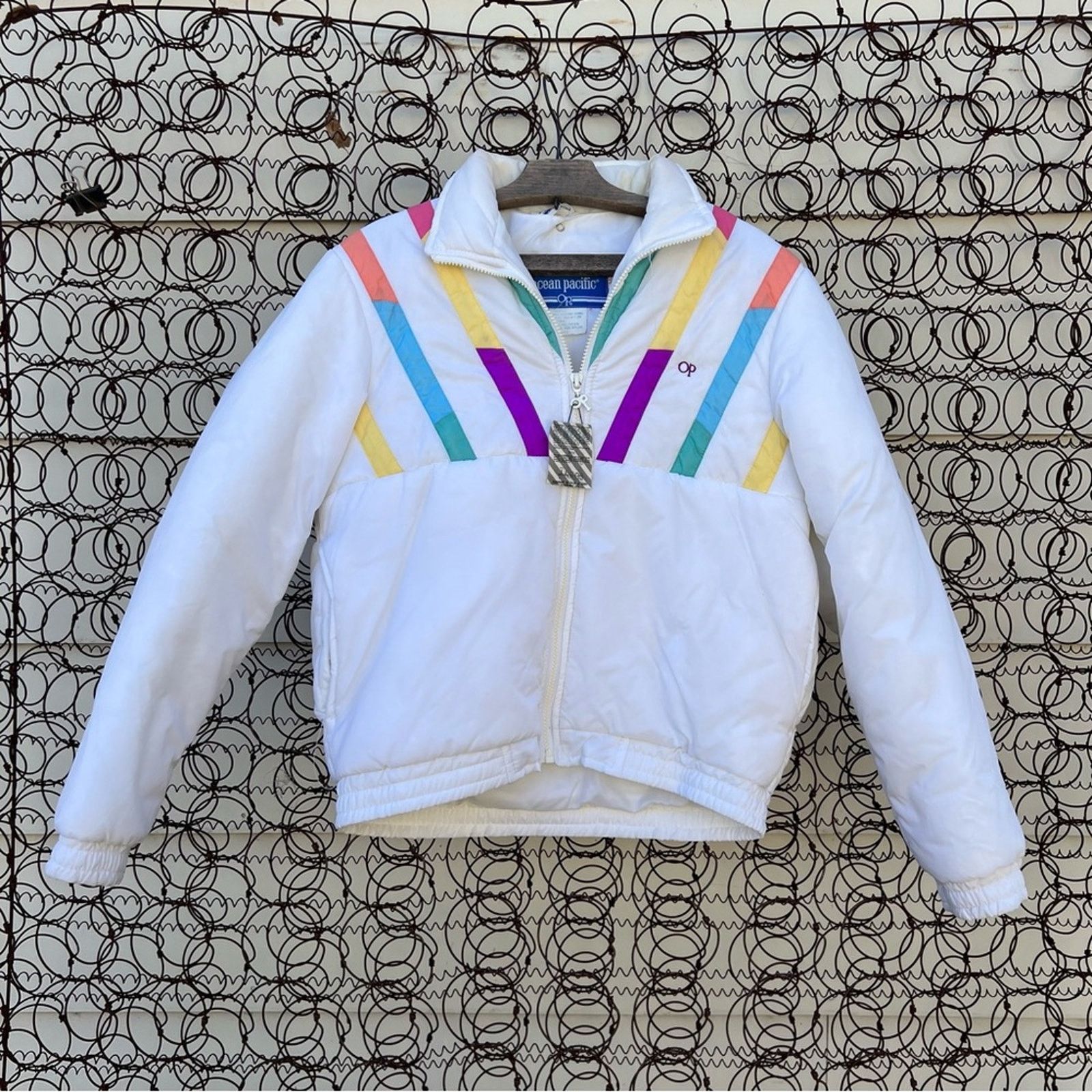 80's Ocean Pacific Pastel Color Block Stripe Ski Coat Jacket in White, Women's (Size Medium)