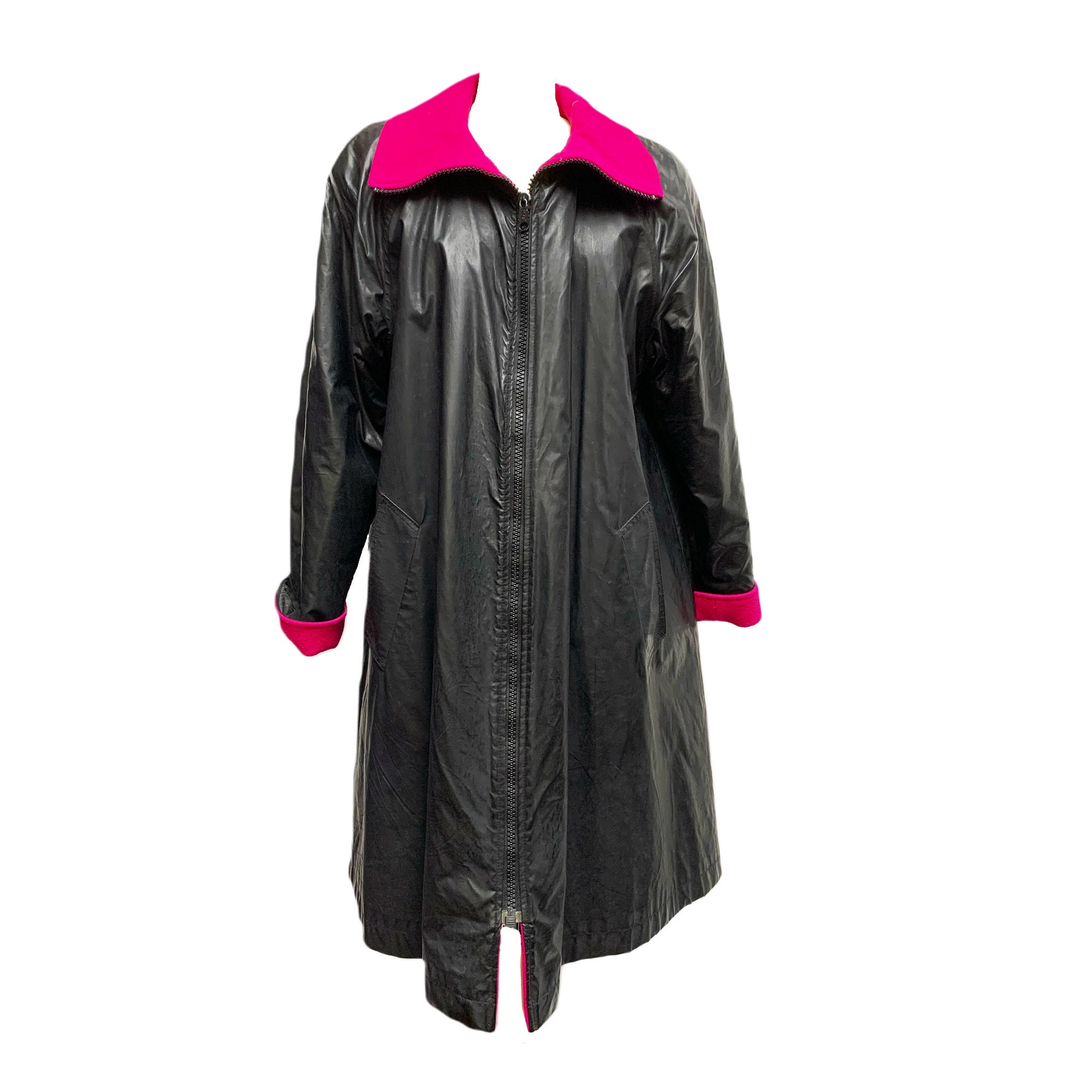 80's Pink/Black Reversible Wool & Faux Leather Coat