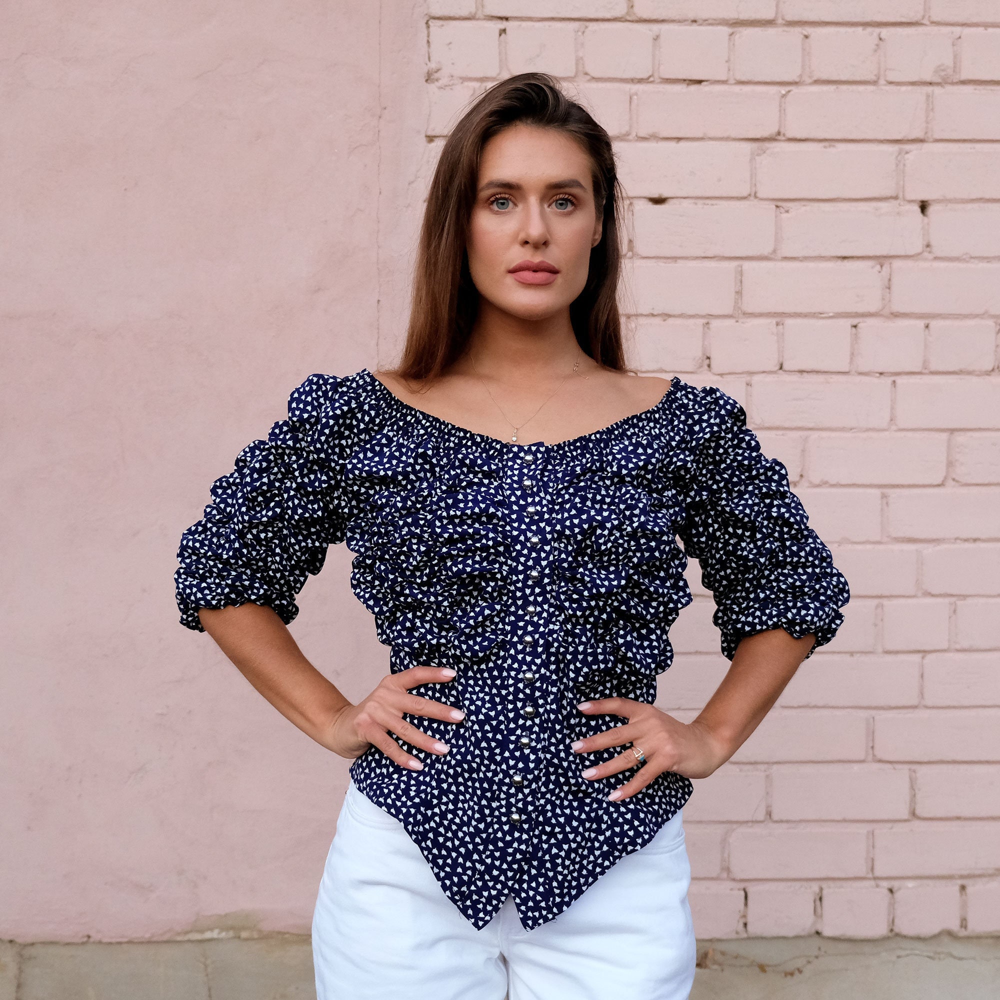 80's Vintage Navy Bardot Top, Off-The-Shoulder Cute Ruffle Crop Versatile Blouse Exclusive Eric Andres Paris Polka Dot Top Button Down