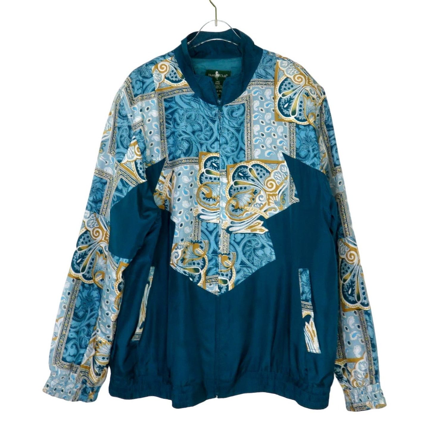 80's Vintage Teal Blue & Gold Silk Windbreaker Jacket Large, Women's