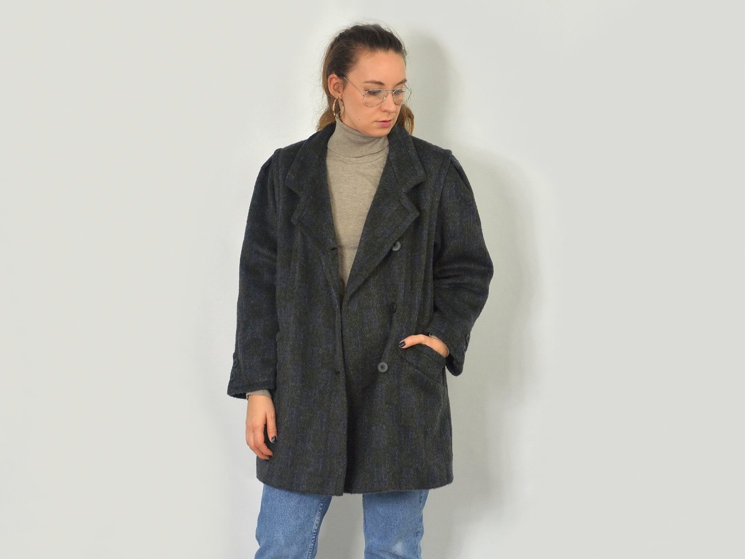 80's Wool Coat Mohair Gray Checkered Warm Vintage Jacket Winter Women L Large