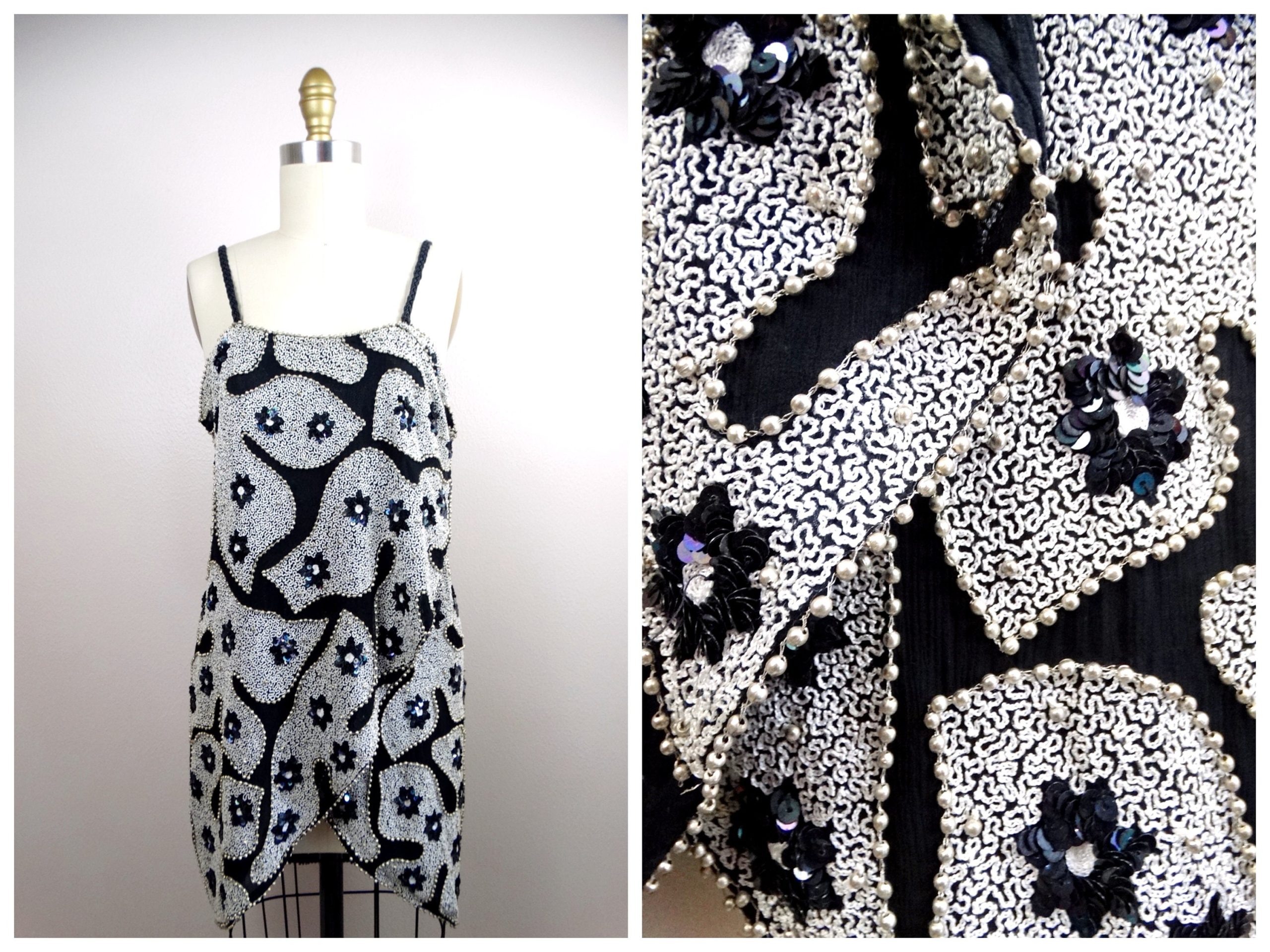 90S Black & White Embroidered Long Wrap Top/1990's Hand Beaded Sequined Fancy Formal Evening Camisole Tank