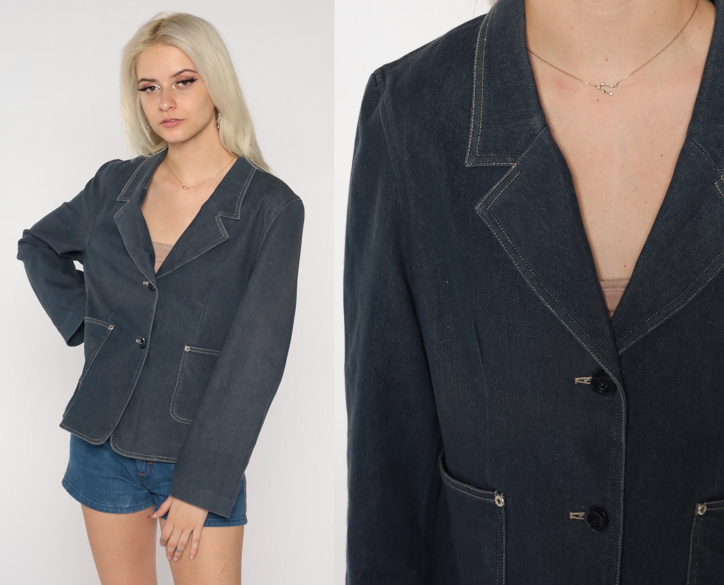 90S Blazer Jacket Blue Faux Stretch Denim Button Up Boho Retro Preppy Spandex Coat Collared Hipster Plain Vintage 1990S Large