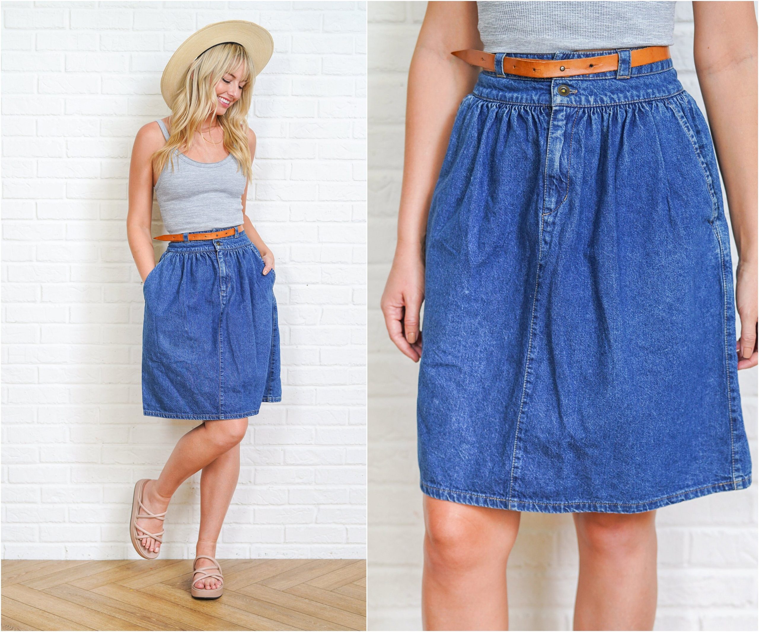 90S Blue Jean Skirt Vintage Denim High Waist Calvin Klein Belted Leather Knee Length Small