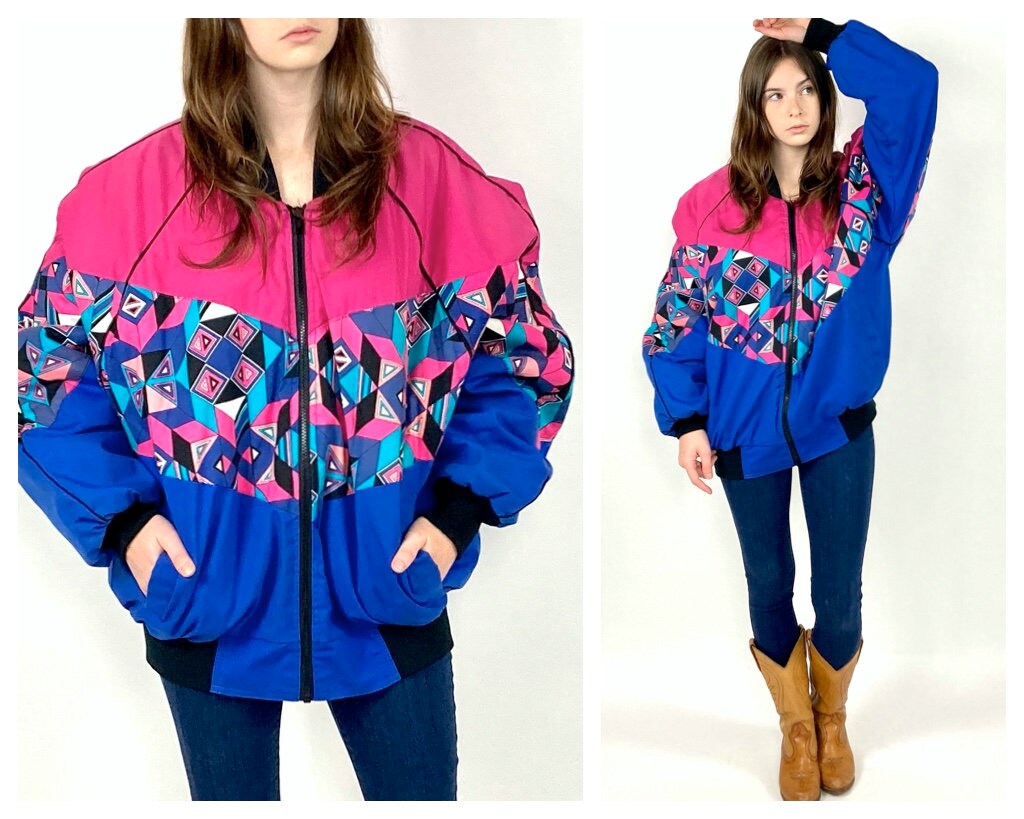 90S Bright Blue Patchwork Puff Coat Southwestern Pink Color Block Geometric Print Puffy Zipper Ski Jacket Aztek Vintage S M
