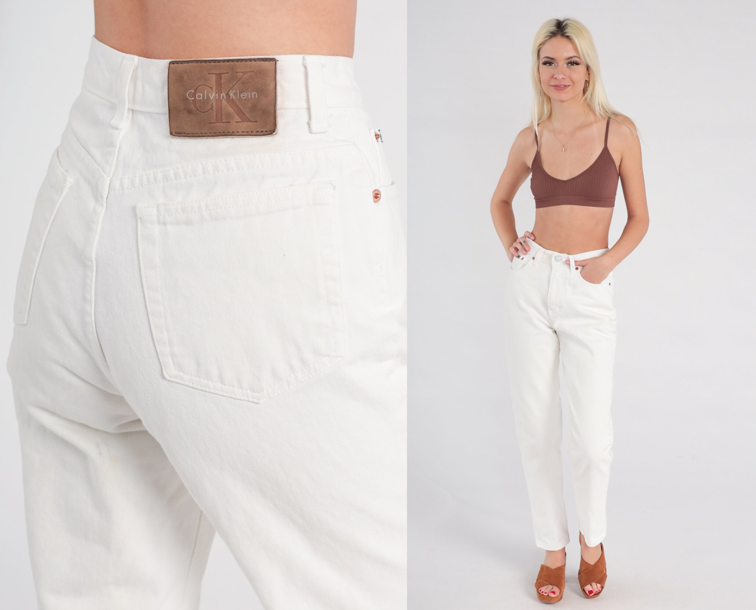 90S Calvin Klein Jeans White Slim Tapered Pants Skinny Straight Leg Mom Denim High Waisted Ck Retro Vintage 1990S Small 26