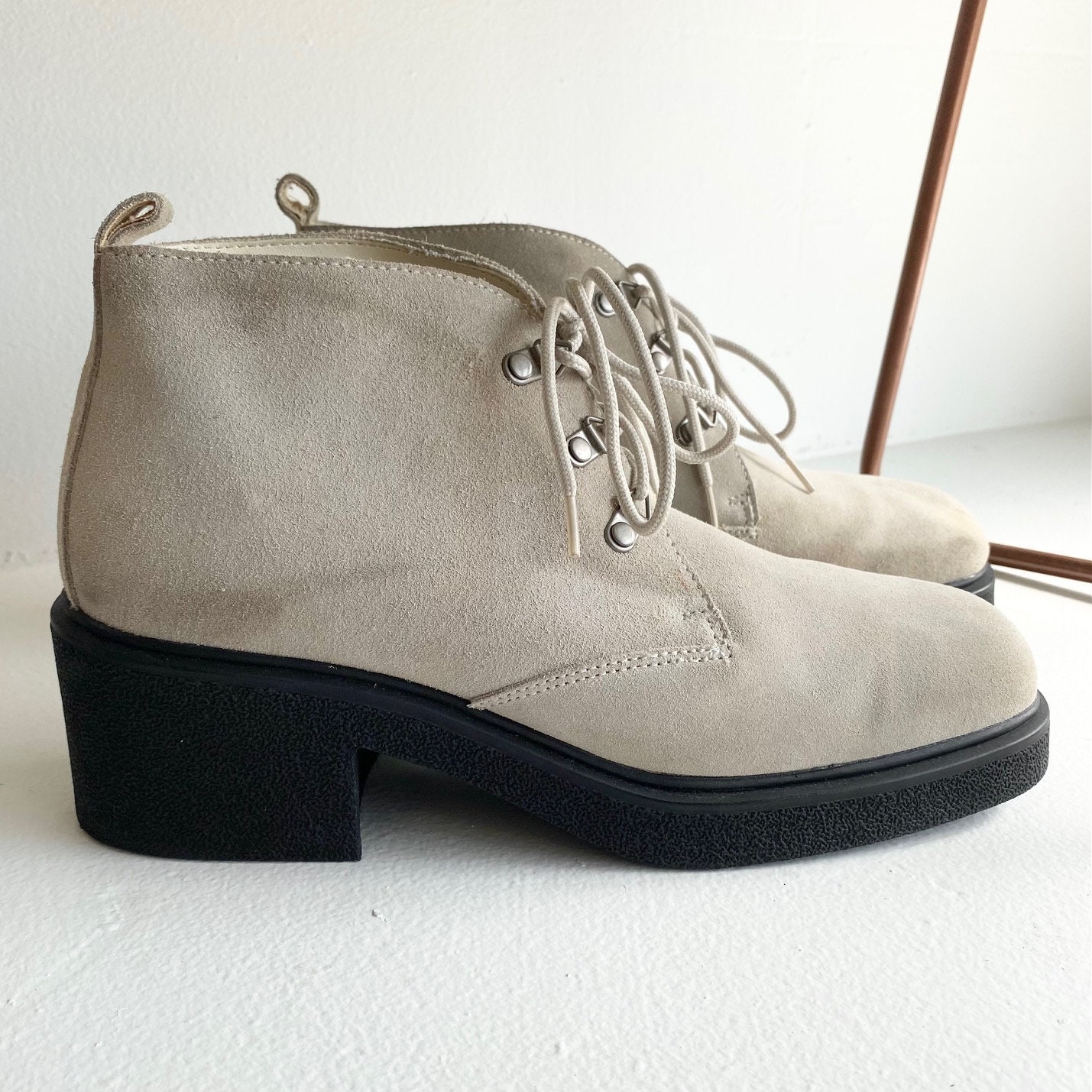 90S Chunky Platform Ankle Boots, Beige Suede Leather, Women's 10, Square Toe Sole Block Heel Lace Up