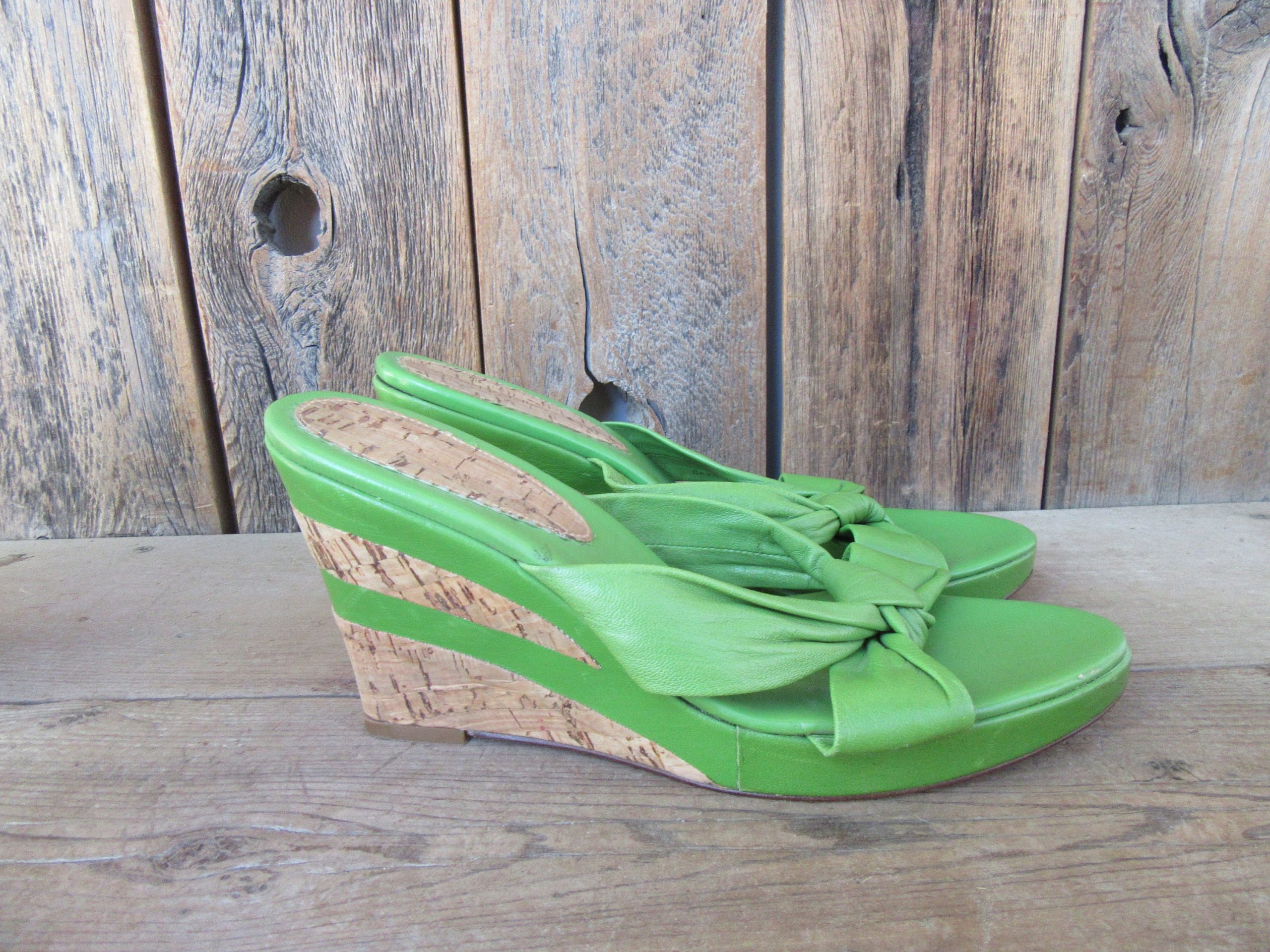 90S Cork Heel Lime Green Leather Platform Mules | Open Toe Sandals Knotted Wedge Slides 9