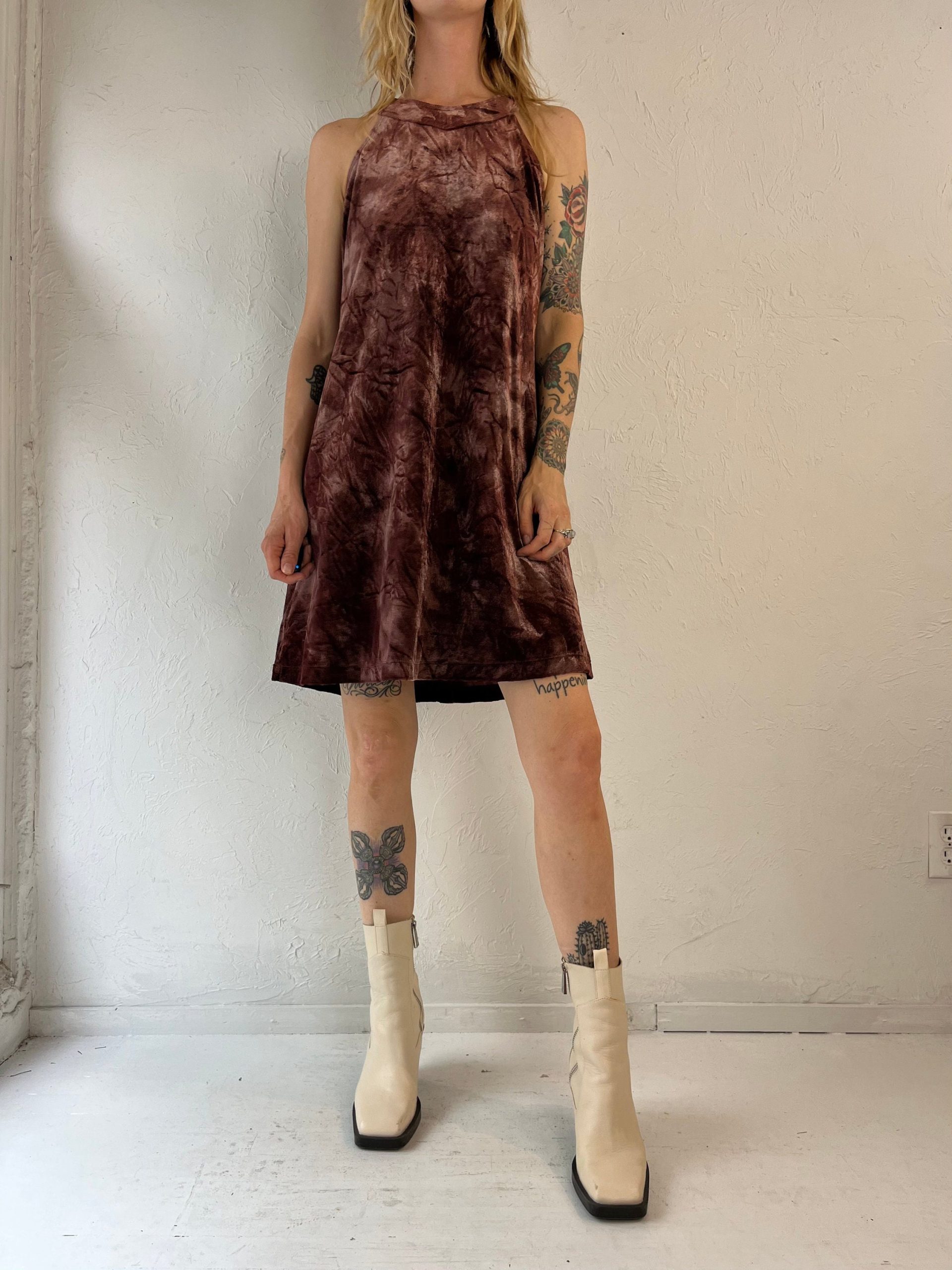 90S "Delane' Made in USA Deadstock Brown Velvet Halter Neck Mini Dress/Large