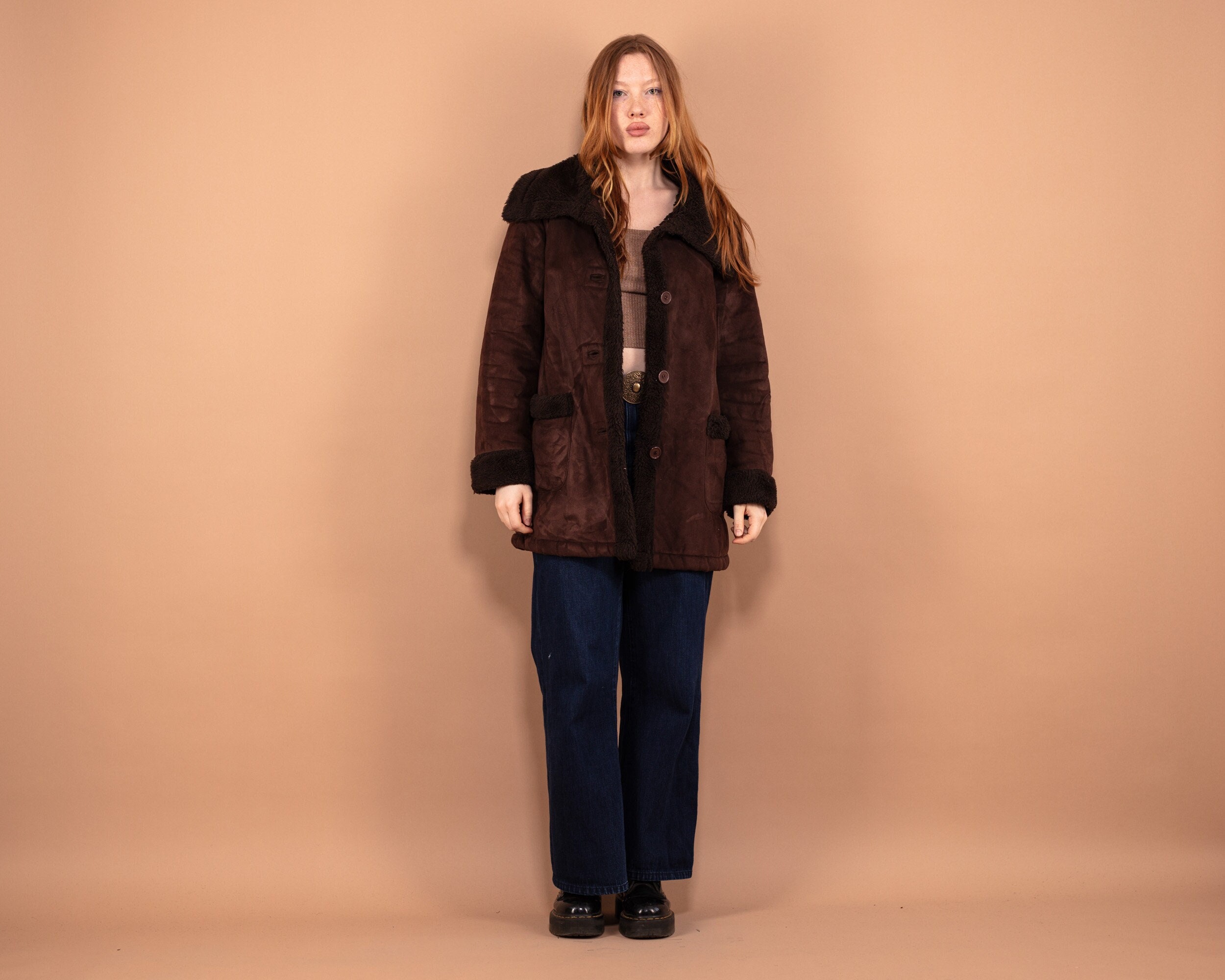 90S Faux Sheepskin Coat, Size L Large, Dark Brown Vintage Sherpa Oversized Women Jacket, Button Up Warm Spring Outerwear