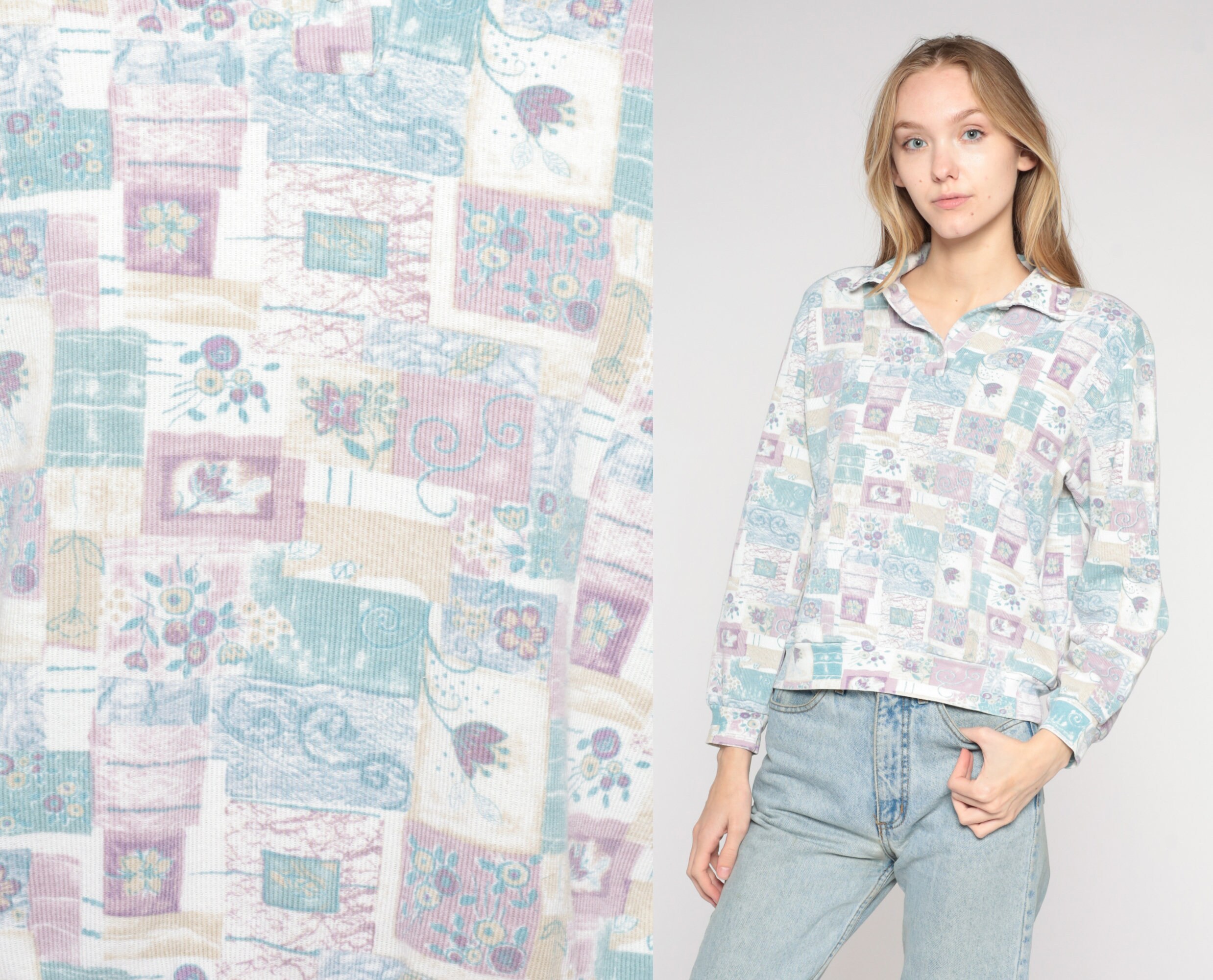 90S Floral Shirt Retro Polo Long Sleeve Collared Top Flower Print Boho Pastel Sweatshirt Grandma Blouse Vintage 1990S Medium