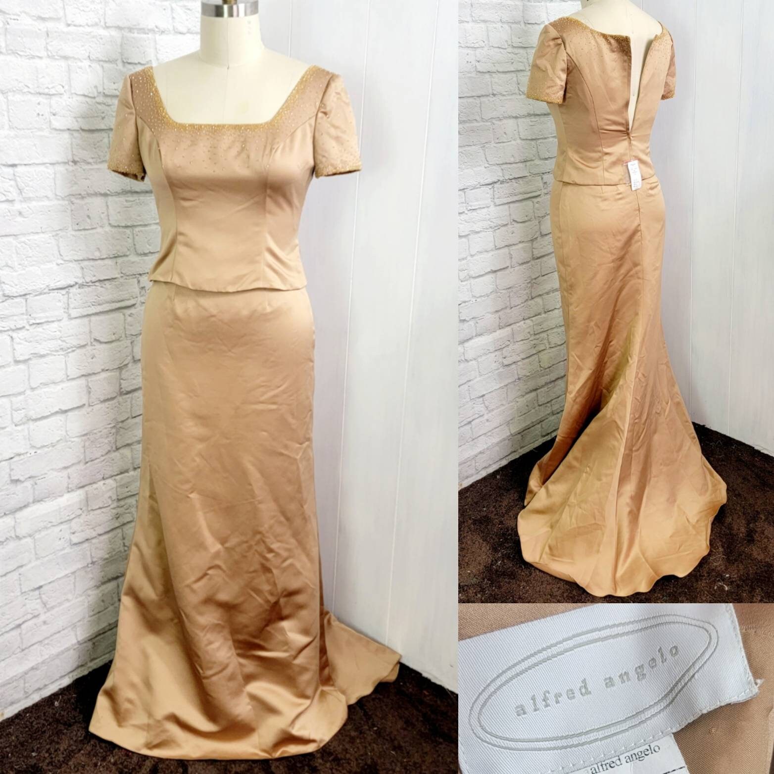 90S Gold Satin 2Pc Dress Bridesmaid Cut Prom Formal Mermaid Skirt