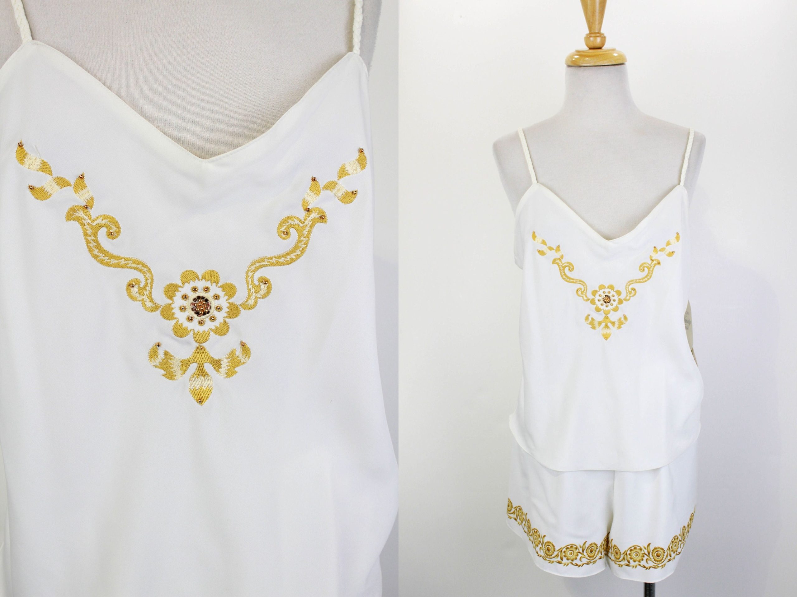 90S Loungewear Set, Camisole & Shorts, Embroidered With Beaded Embelleshments, Nos, Original Tags, Vintage Pajama Set