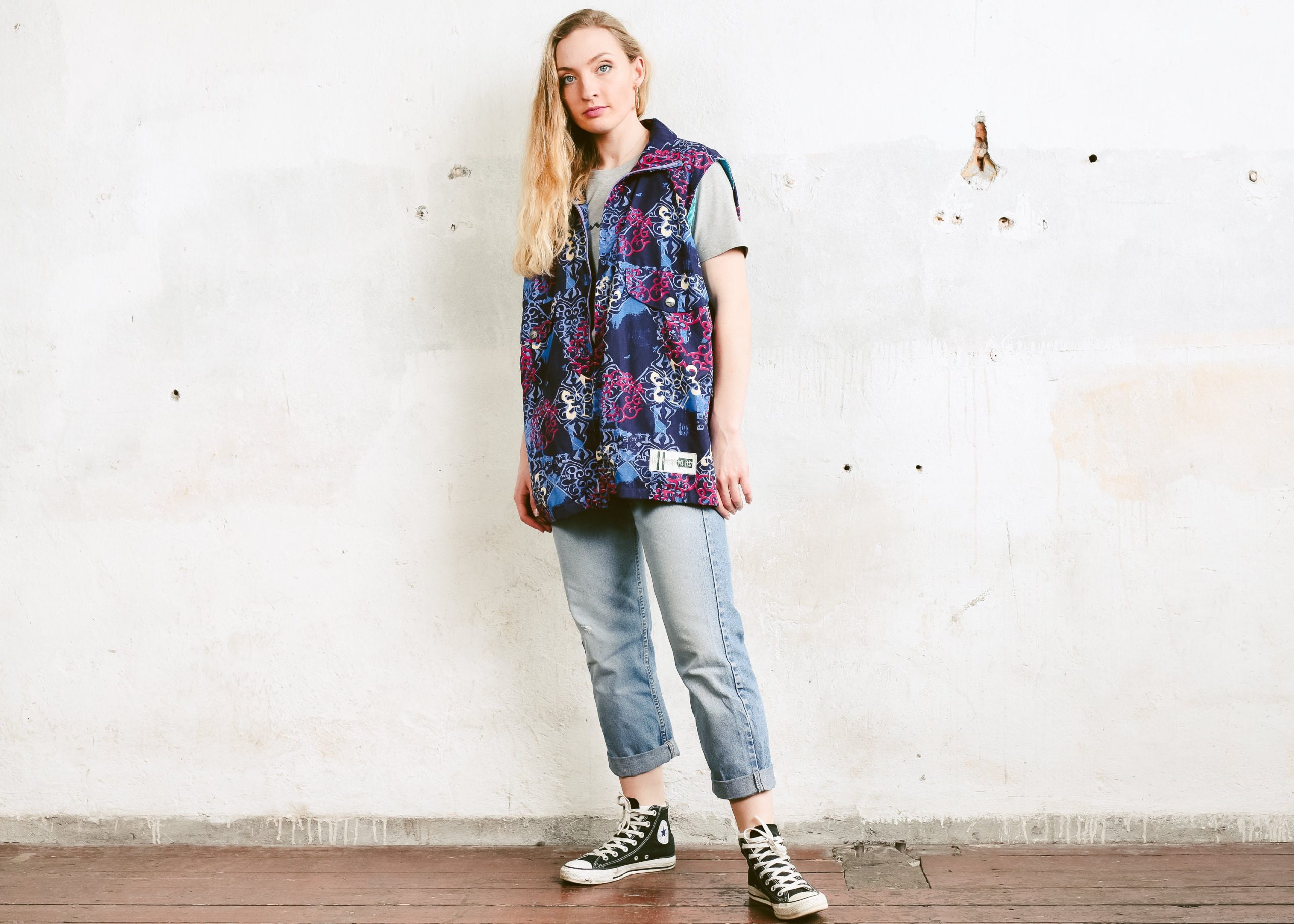 90S Sleeveless Shell Jacket . Windbreaker Colourblock Vest Purple Patterned Vintage Oversized Sports Top Size Extra Large Xl