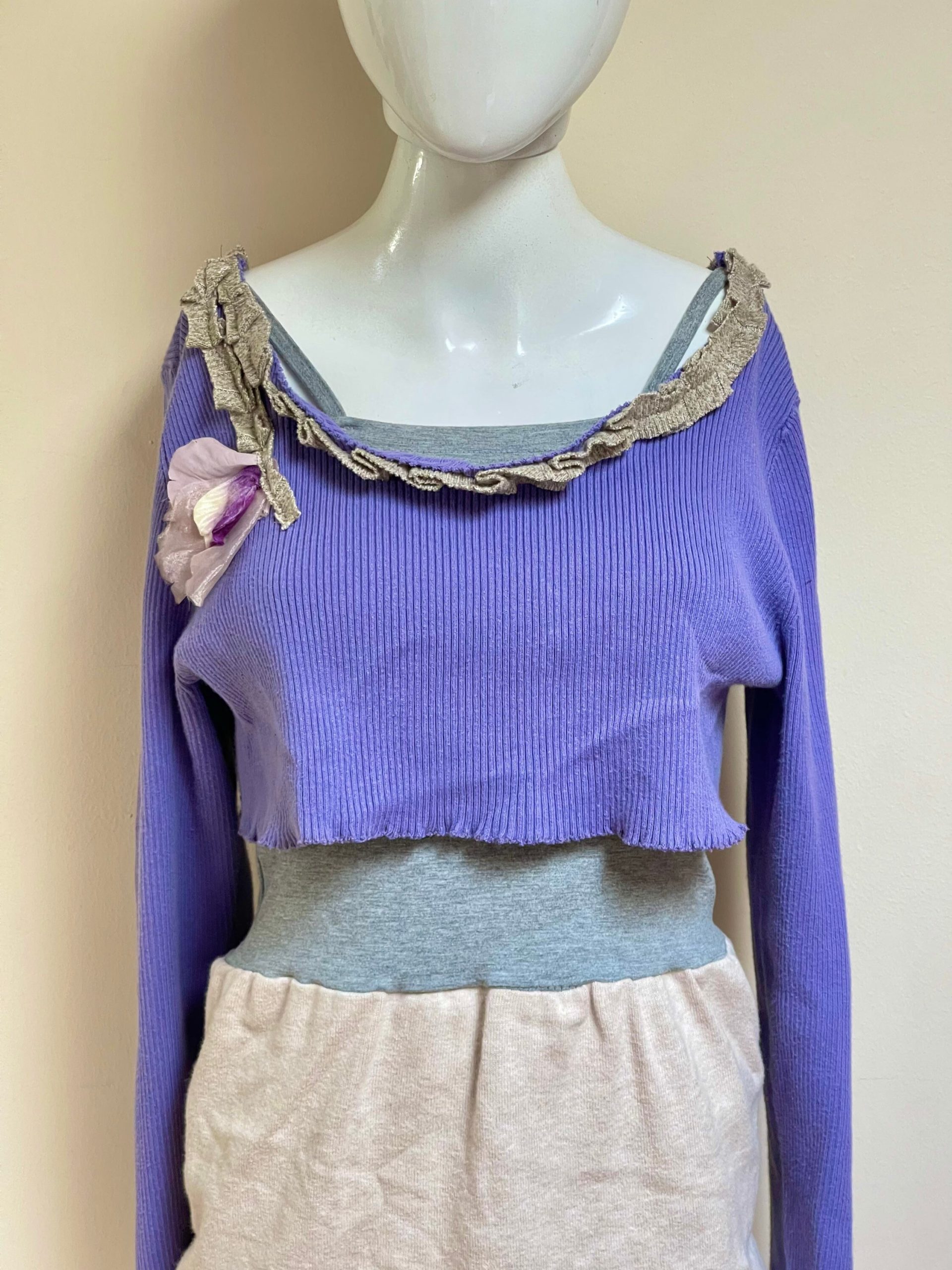 90S Upcycled Knit Sweater One Of A Kind Purple Crop Altered Lace Trim Camisole Skirt Floral Embellishment Punk Grunge Rave Club