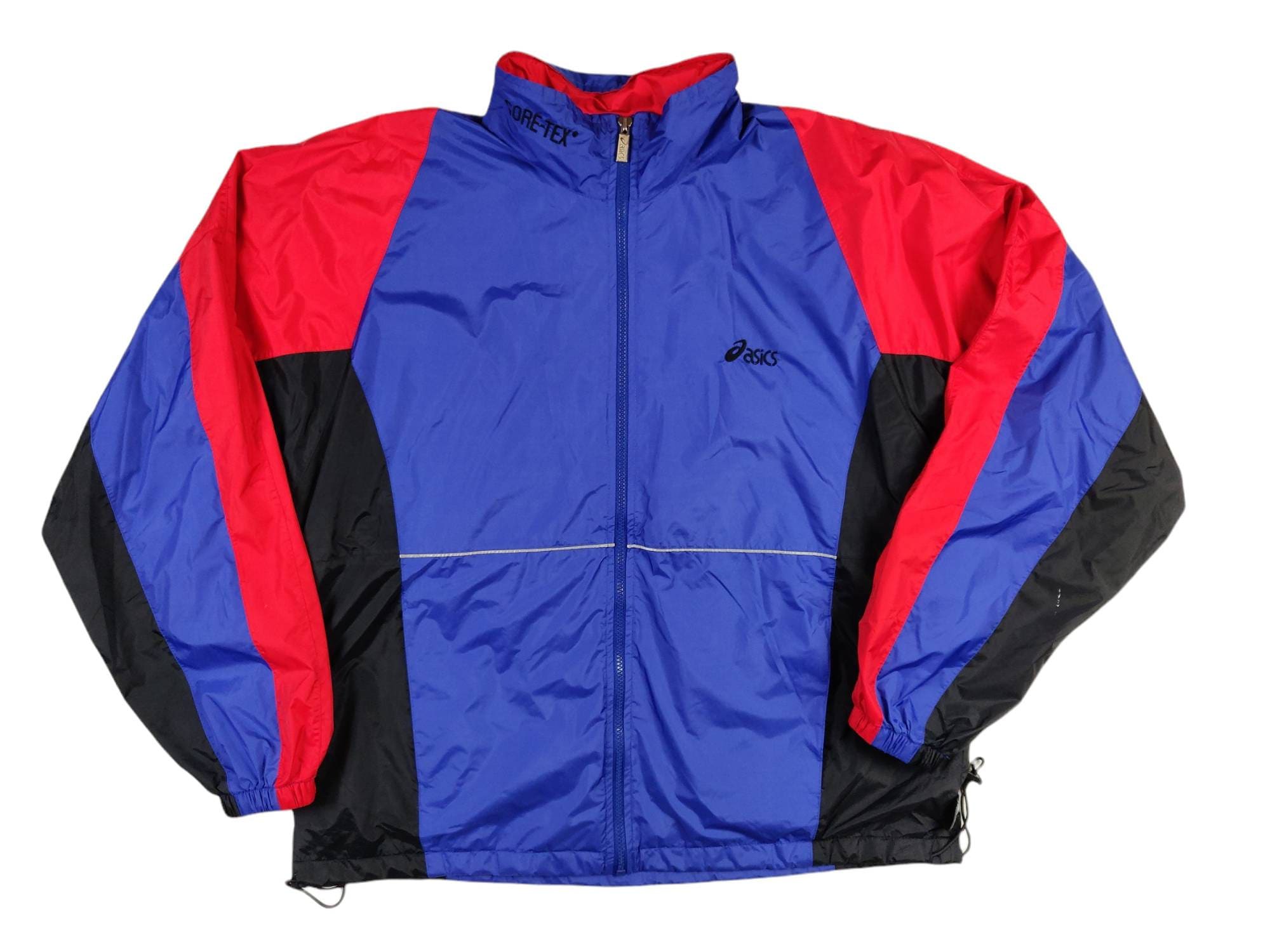 90S Vintage Asics Windbreaker Gore-Tex Jacket Full Zip Nylon 3M Reflective Retro Color Block Blue Red Black Size Xl