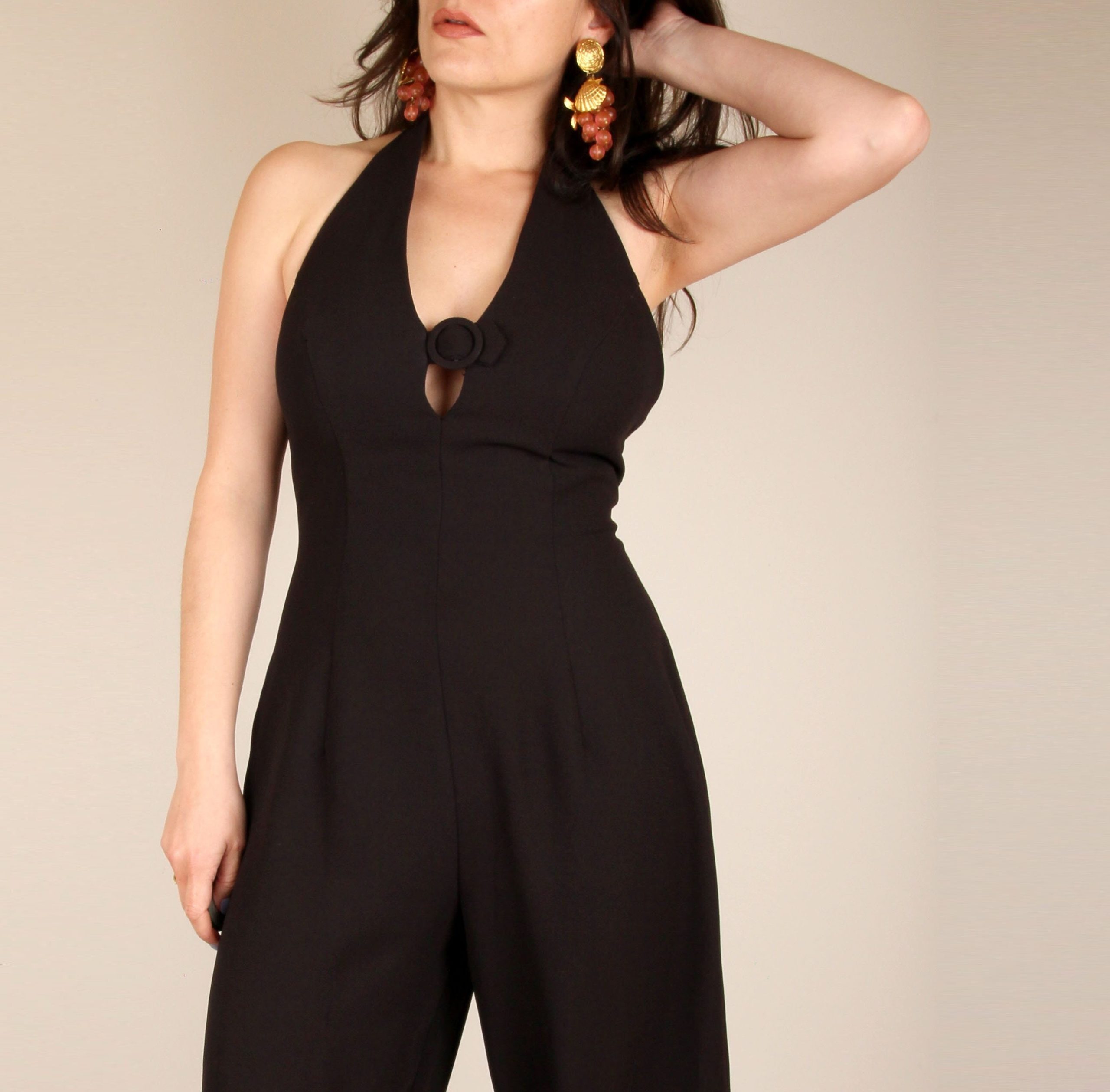 90S Vintage Jumpsuit // Brown Halter Neck Wide Leg Playsuit Romper S