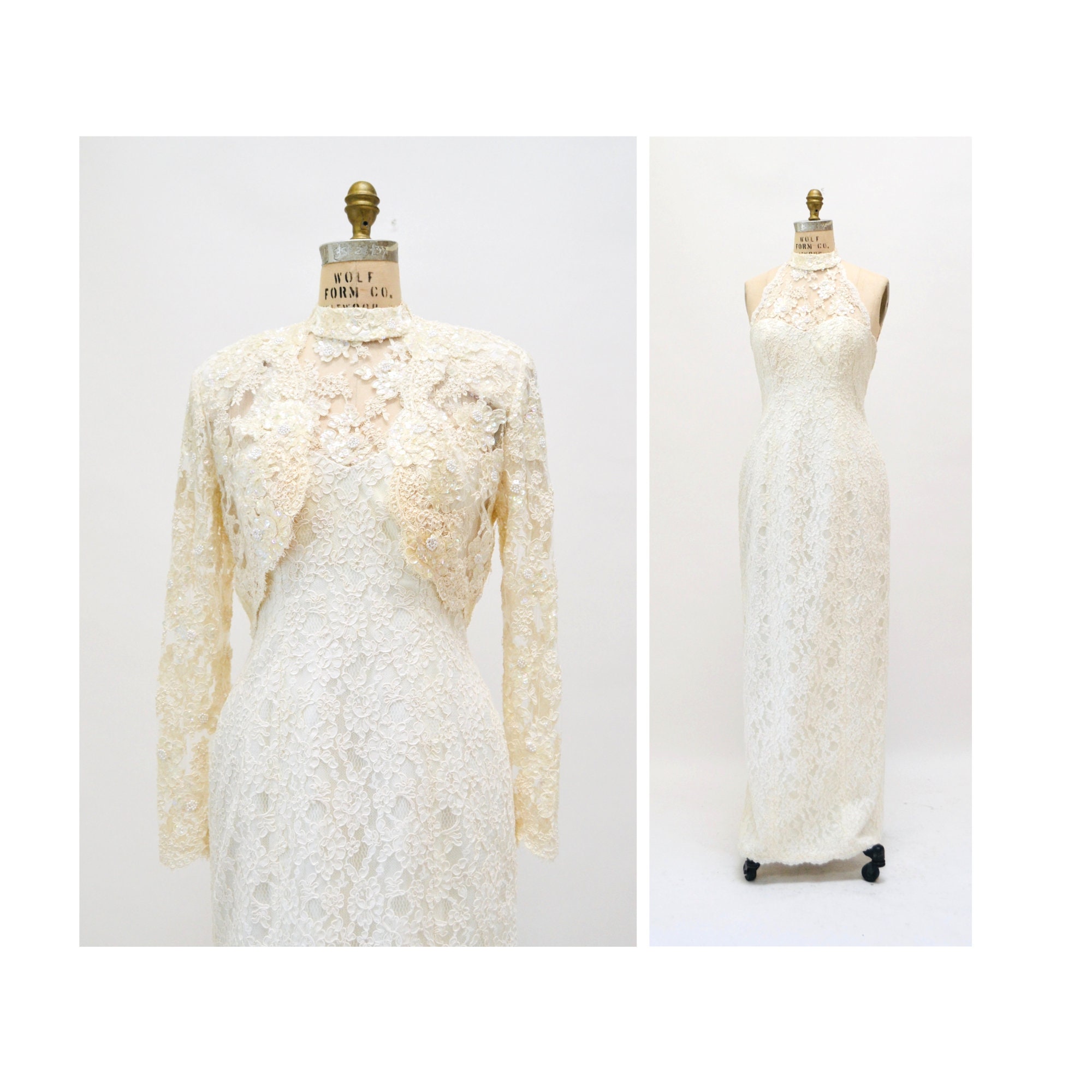 90S Vintage Off White Lace Beaded Party Wedding Gown Cream Jacket Xs Small// Sequin Dress Halter Neck