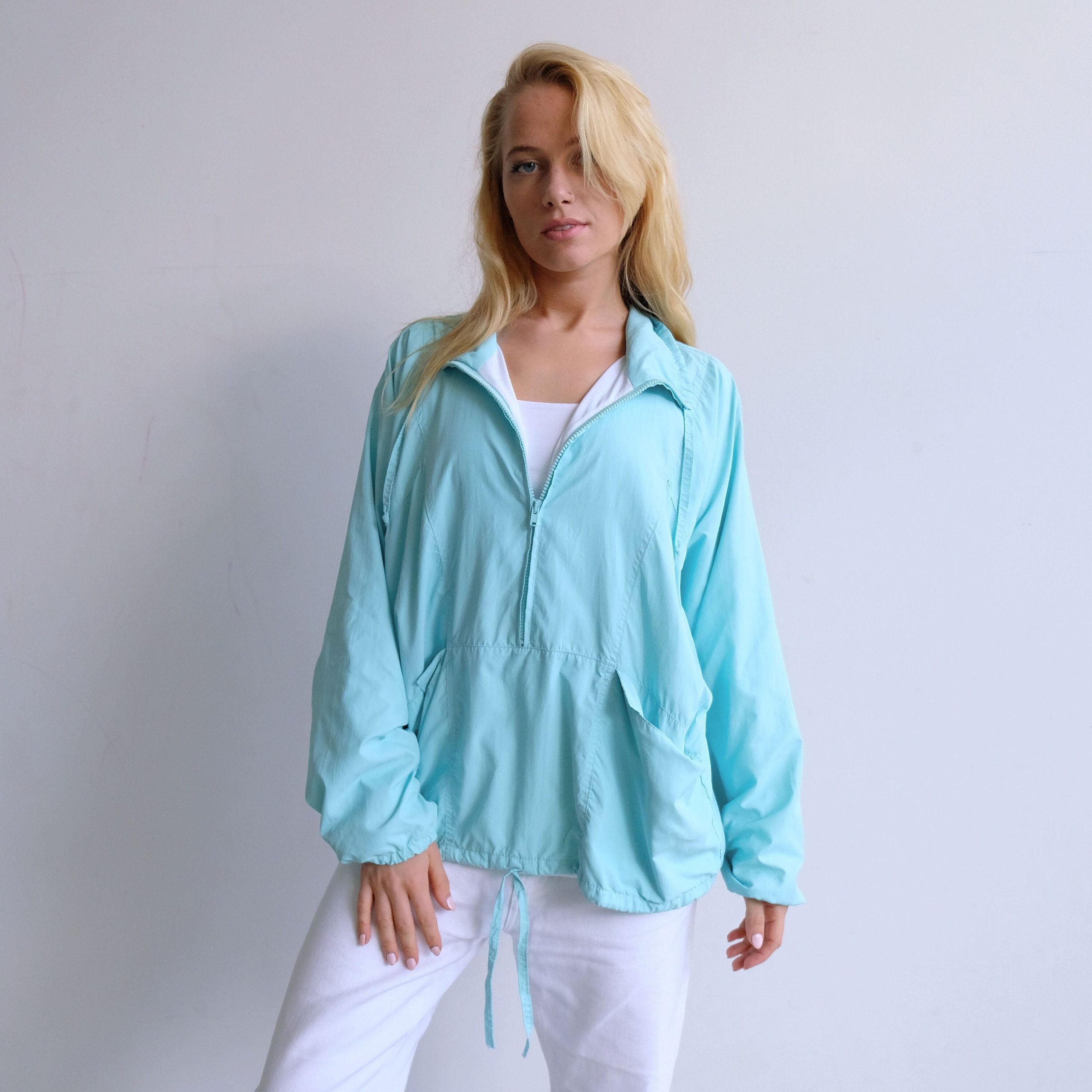 90S Vintage Pastel Anorak With Adjustable Waist, Turquoise Windbreaker, Mint Green Half-Zip Closure, Elasticised Cuffs, Women's Us 8