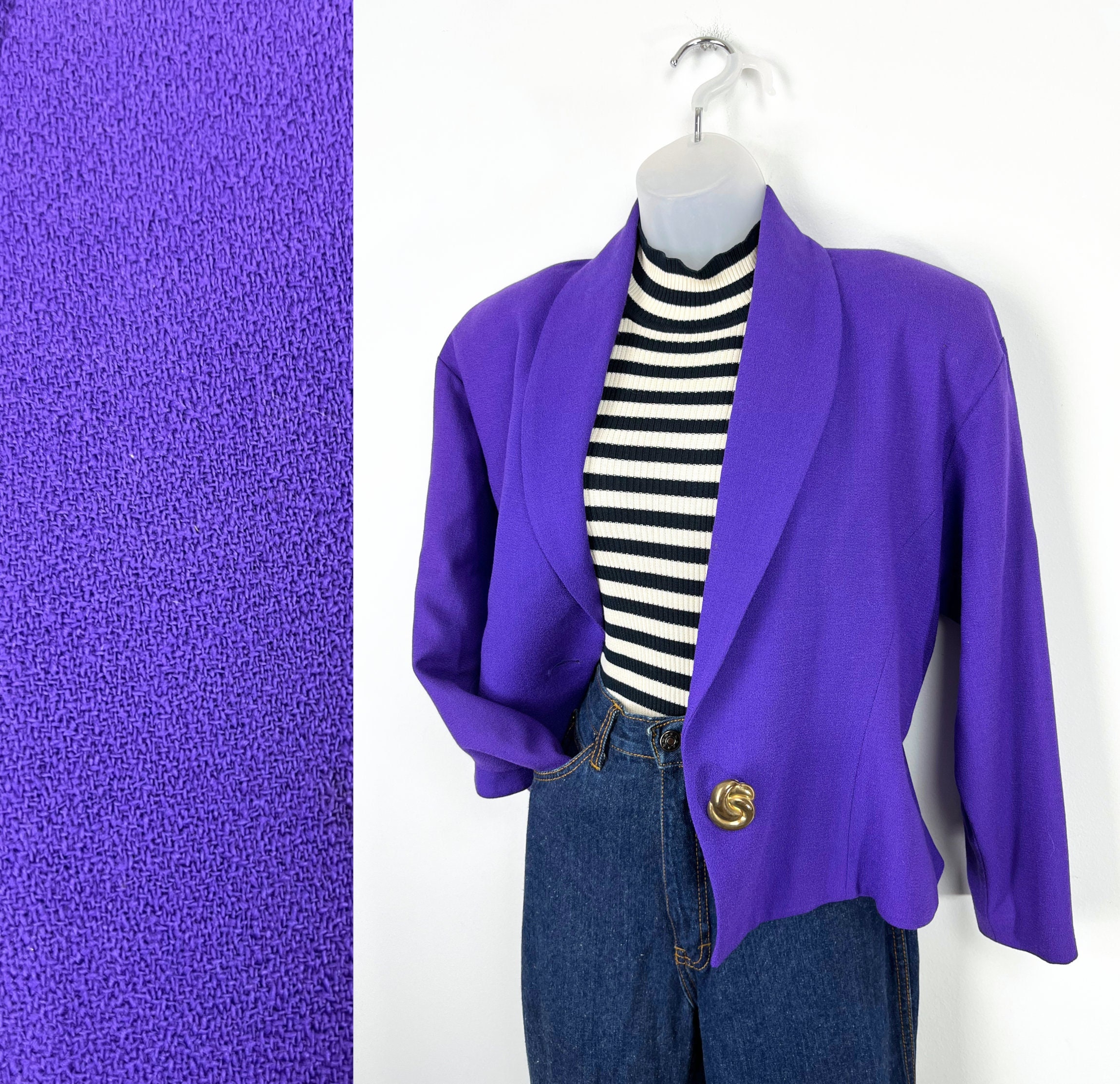 90S Vintage Violet Purple Crepe Wool Cropped Jacket, Size 6 Medium, Purple Blazer Wool 80S Cropped Clothing