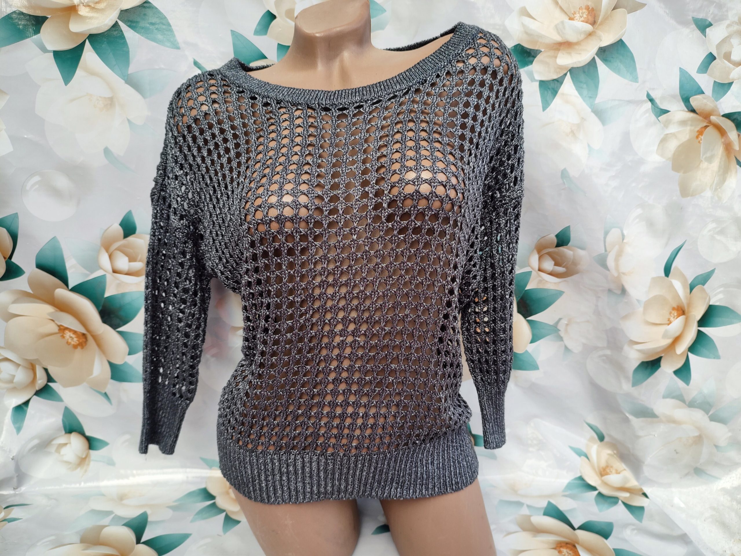 90S Vintage Women's Gray Knitted Glitter Top Mesh Oversize Half Sleeve. Size Xl-2Xl