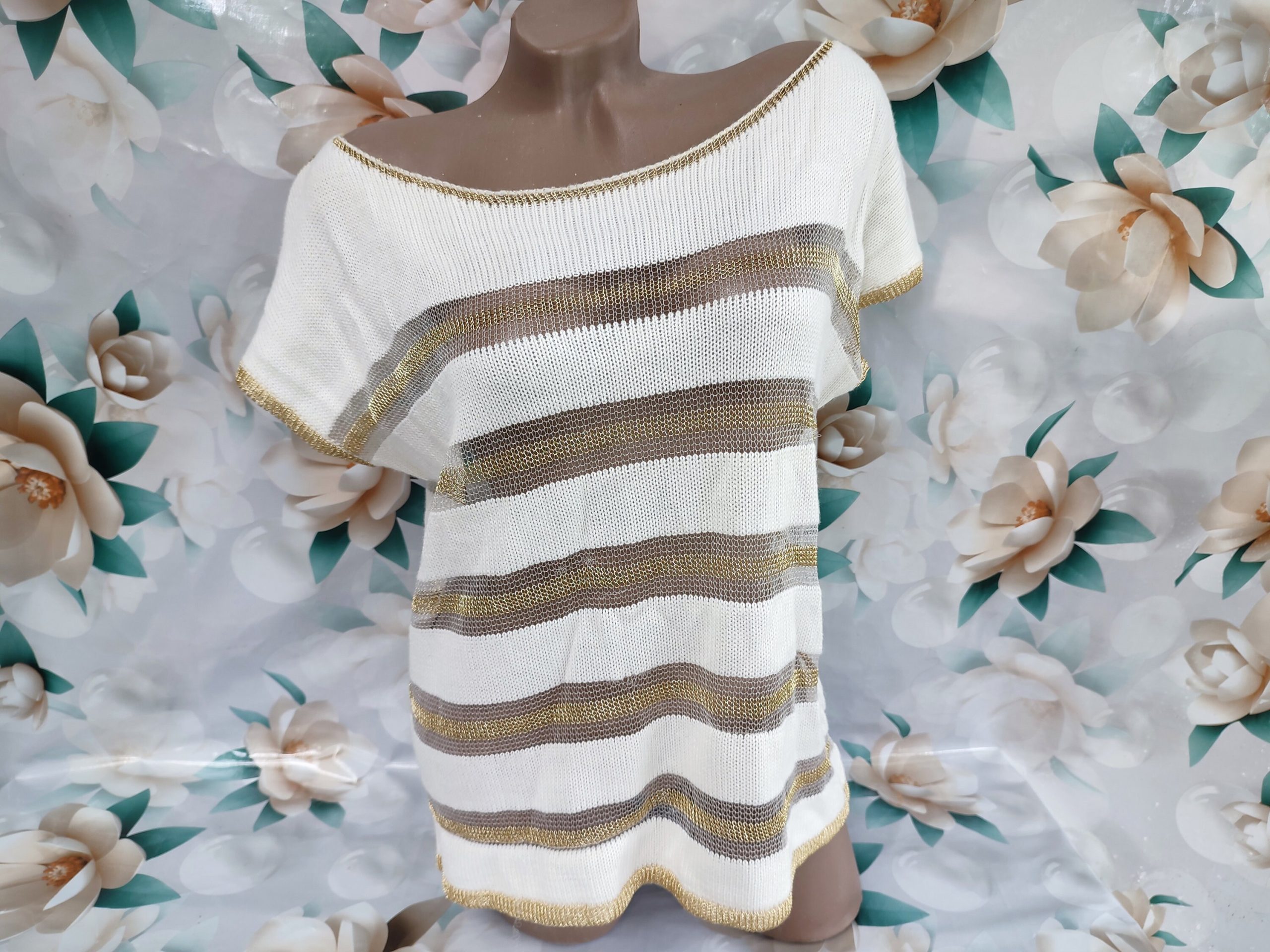 90S Vintage Women's White Gold Striped Boho Mesh Top Transparent, Short Sleeve Knitted Top. Size L-xl