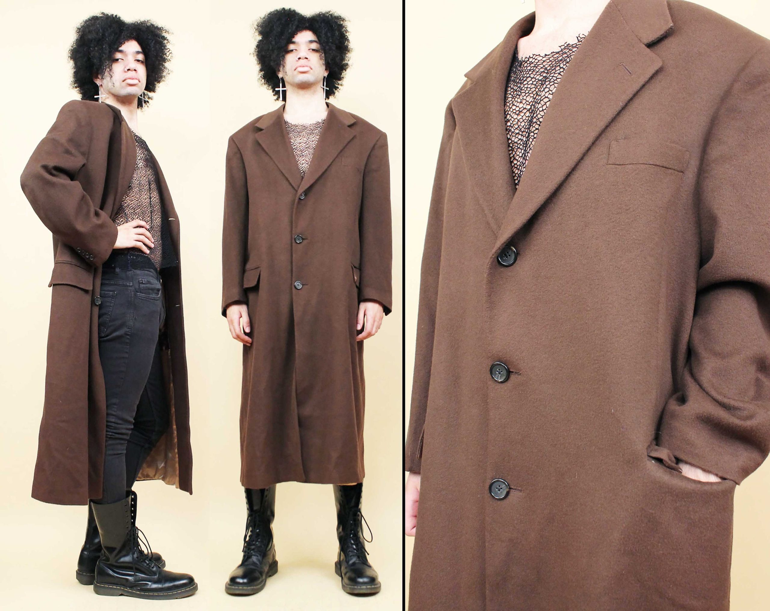 90S Vtg Ralph Lauren Chaps Brown Wool Pea Coat Overcoat Long Jacket Minimalist Boxy Menswear Tag 44L Large